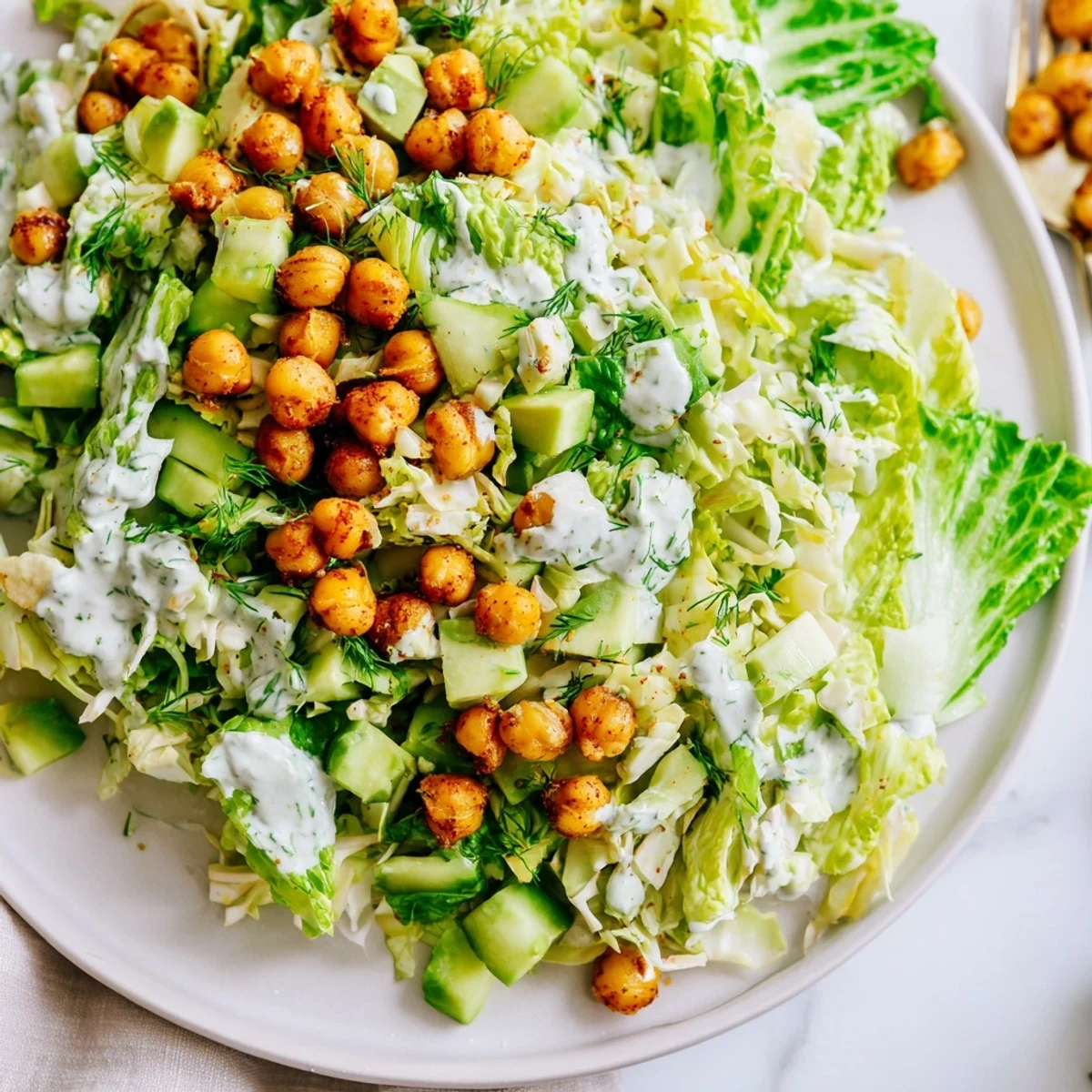 Vibrant shot of Green Goddess Salad, a healthy and delicious salad with crunchy chickpeas and fresh herbs.