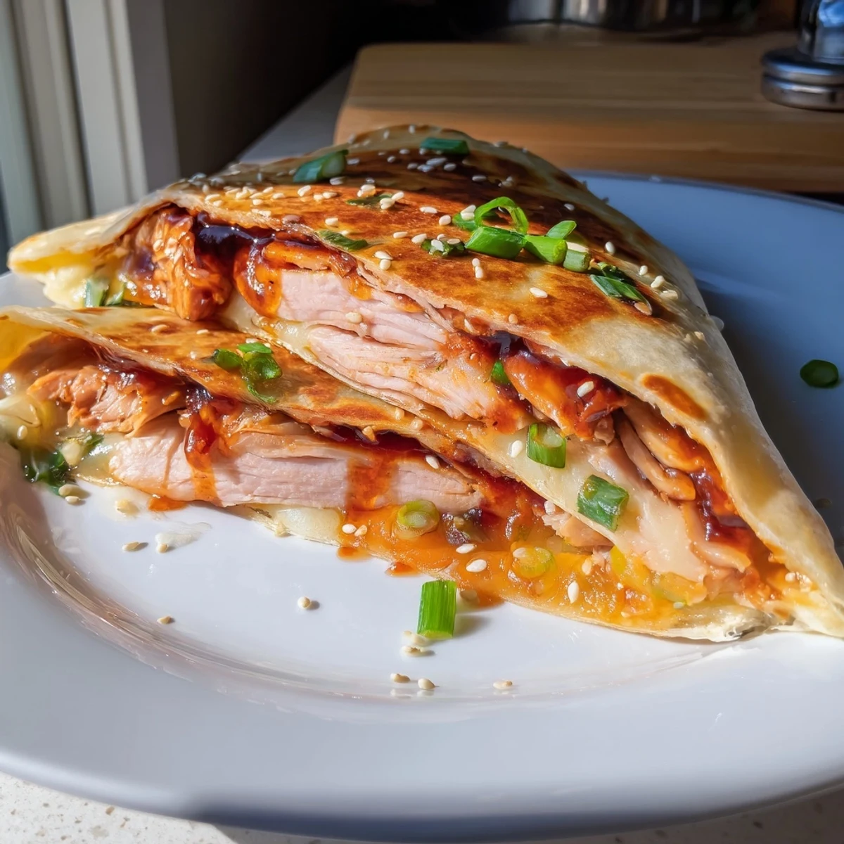 Golden-brown Korean BBQ Chicken Wrap Grilled Cheese, oozing with melted cheese and savory chicken.