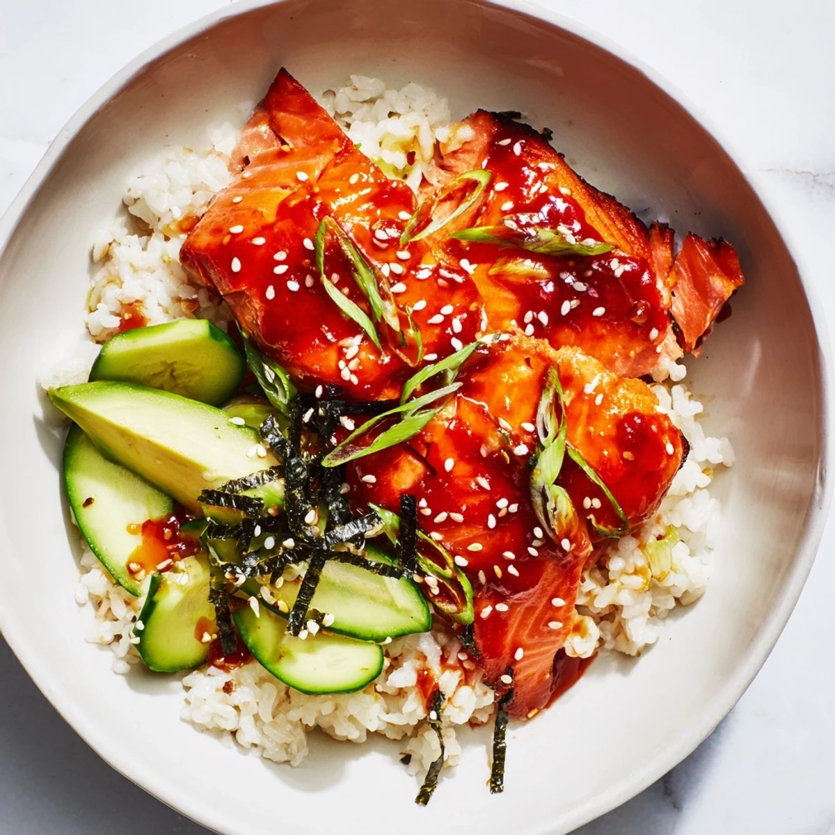 Emily Mariko-inspired sticky orange gochujang salmon bowl, with glistening salmon and colorful fresh toppings.