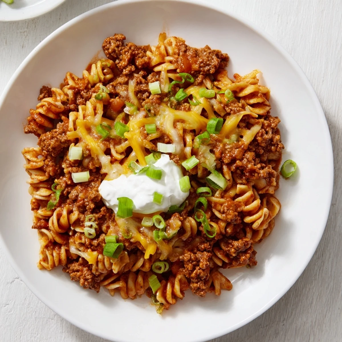 Steaming one-pot taco pasta, brimming with ground beef, cheese, and a medley of Tex-Mex flavors.