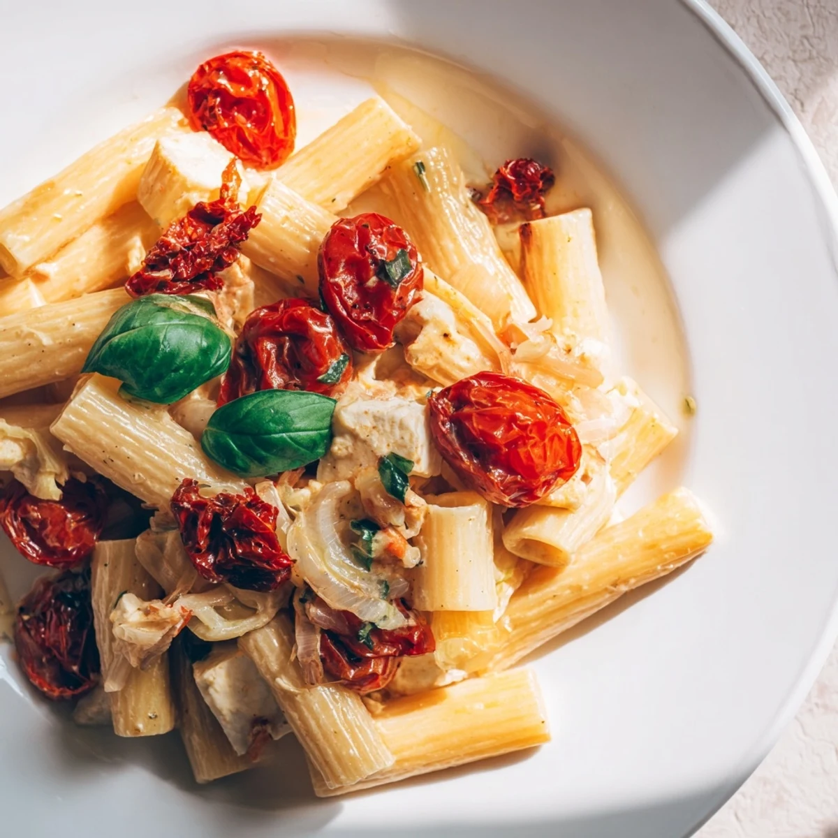 Baked feta pasta with sun-dried tomatoes, a vibrant dish with roasted tomatoes and creamy feta.