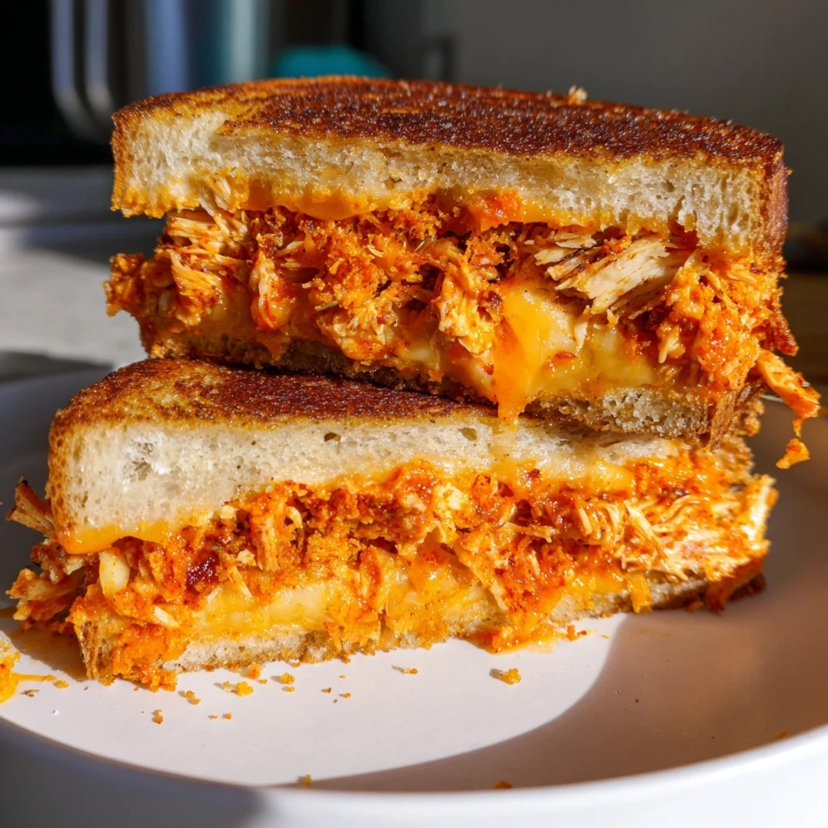 Golden, melty Spicy Crispy Chicken Sandwich Grilled Cheese, piled high with cheese and chicken, perfect for lunch.