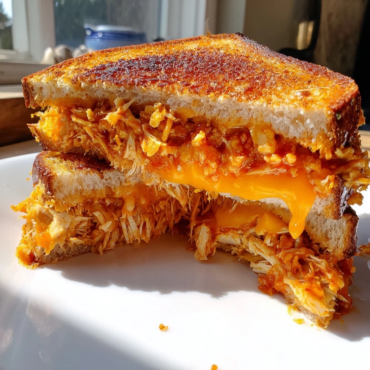 A close-up of a perfectly grilled Spicy Crispy Chicken Sandwich Grilled Cheese, ready to be devoured, with overflowing fillings.