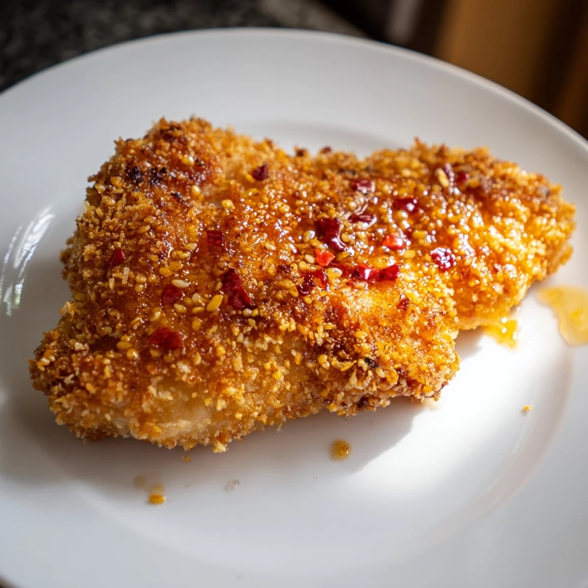 Golden brown and crispy Hot Honey Crispy Chicken Thighs, drizzled with glistening, spicy honey for dinner.