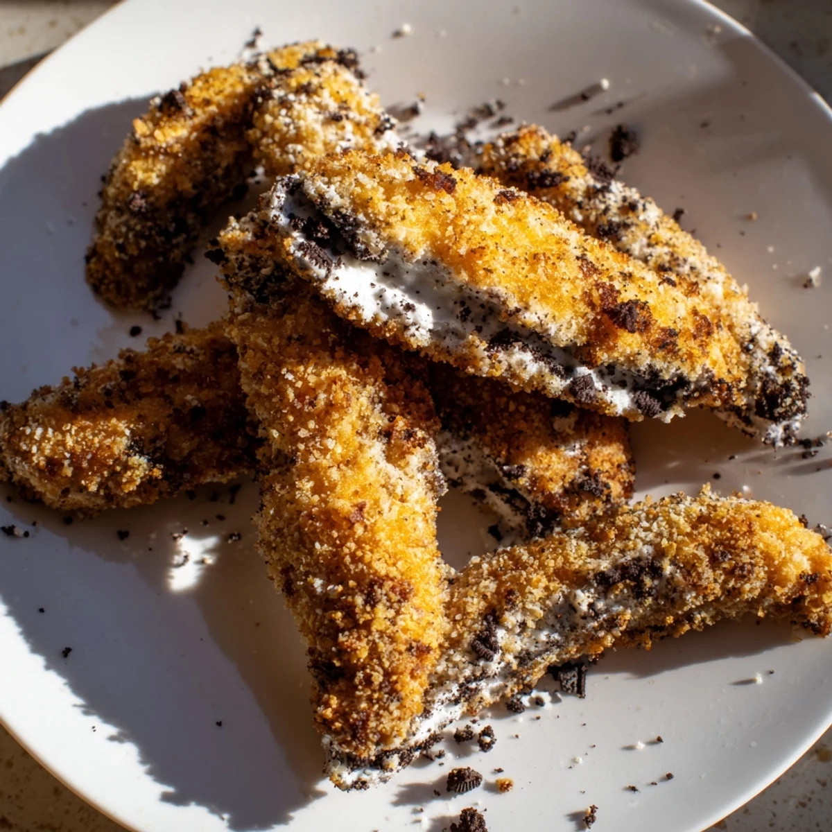Golden-fried KFC Oreo Krusher-inspired chicken tenders, crispy and coated in crushed Oreos, ready to eat.