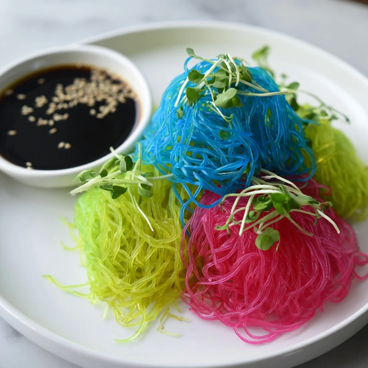 Vibrant neon noodle clouds served chilled with dipping sauce, offering bursts of flavor with each bite.