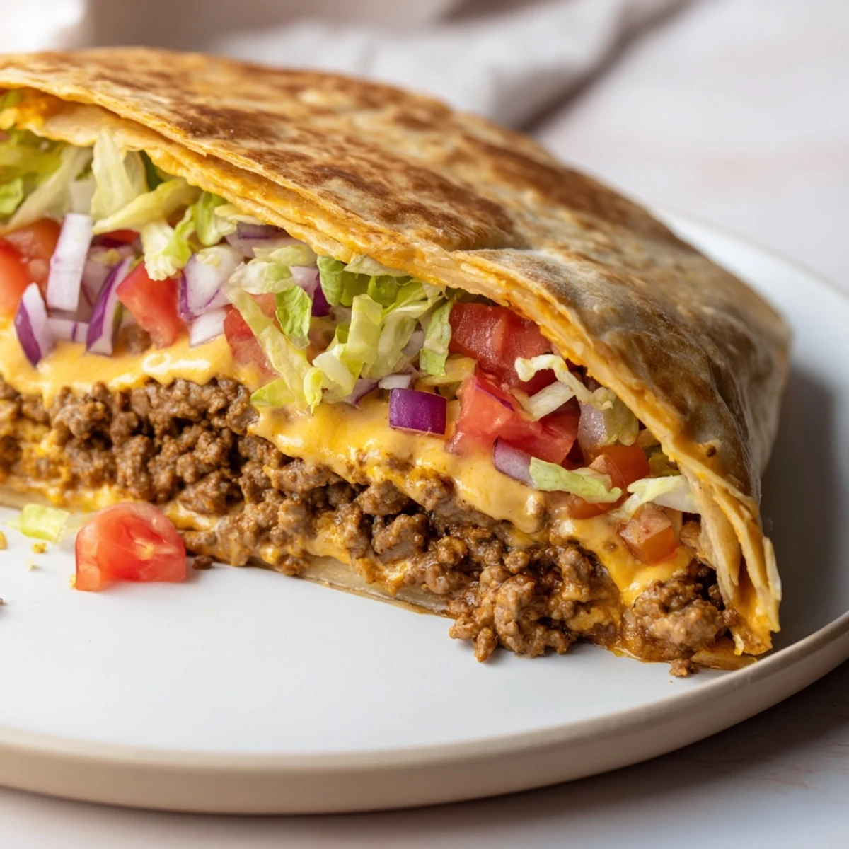 Golden-brown, crispy Taco Bell Crunchwrap Supreme, with layers of savory beef and melted cheese.