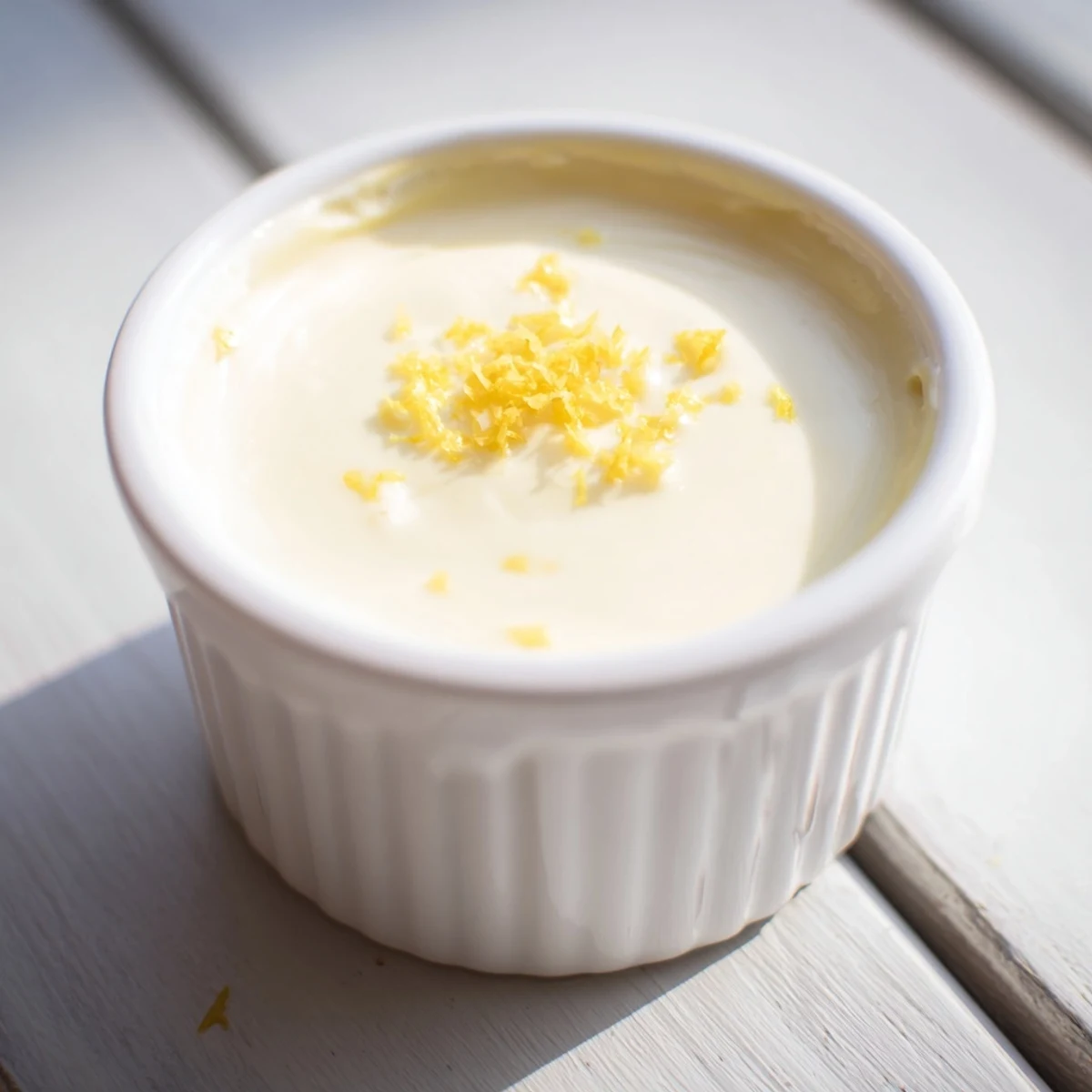Silky smooth 3-Ingredient Lemon Posset, freshly made and ready to set for a refreshing dessert later tonight.