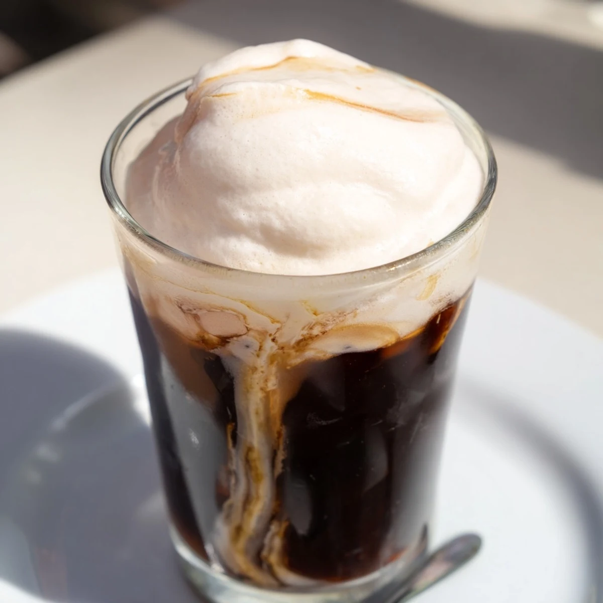 Fluffy, creamy Starbucks cold foam drizzled over a refreshing iced coffee, ready to enjoy.