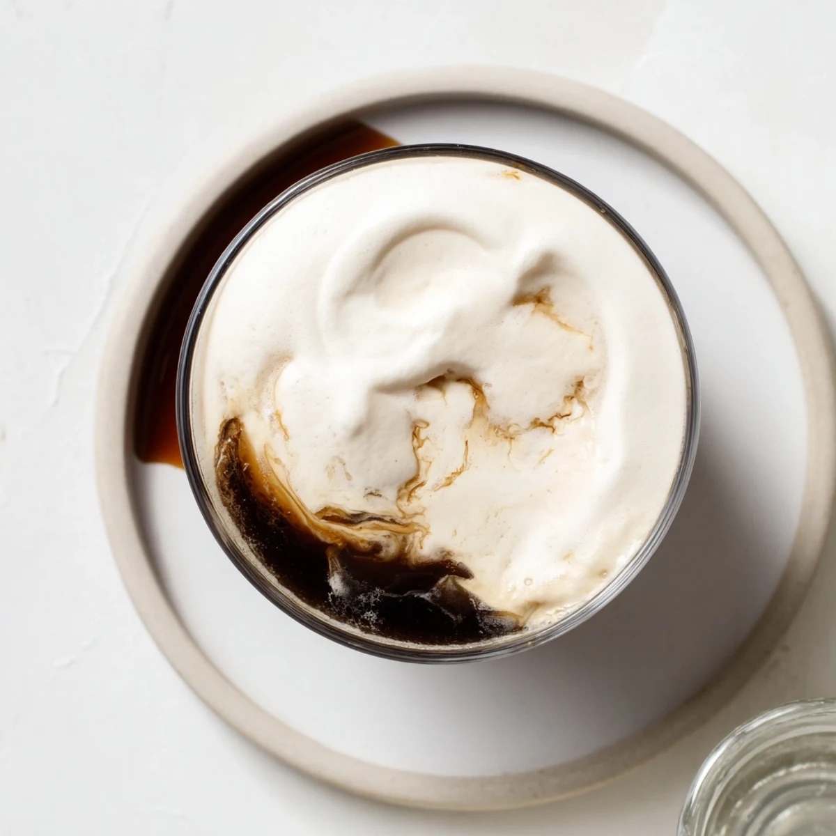 A close-up of thick, vanilla-infused Starbucks cold foam, perfect for adding to your favorite cold brew.