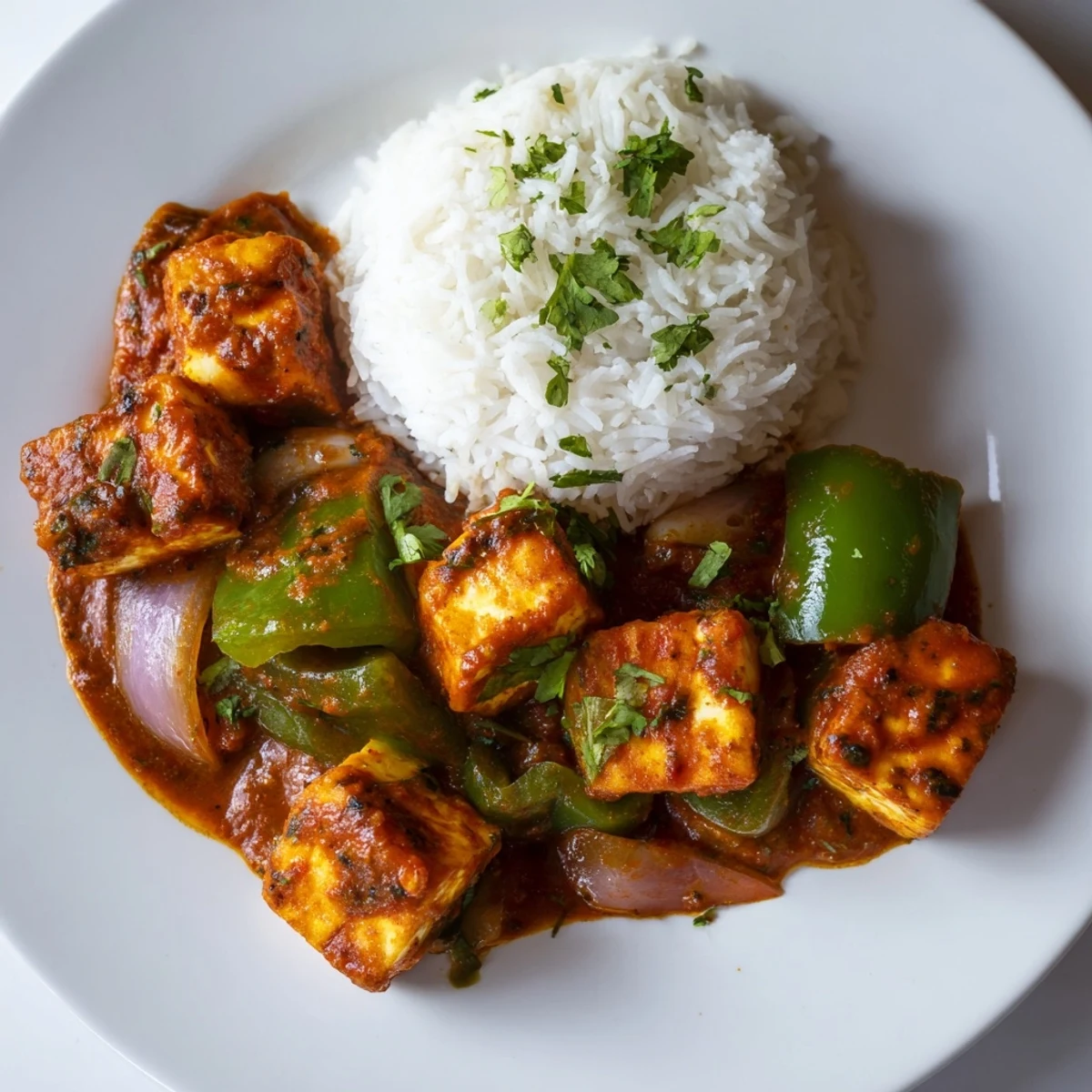 A vibrant image showing Paneer Tikka Masala, a creamy Indian dish, served with fluffy rice.