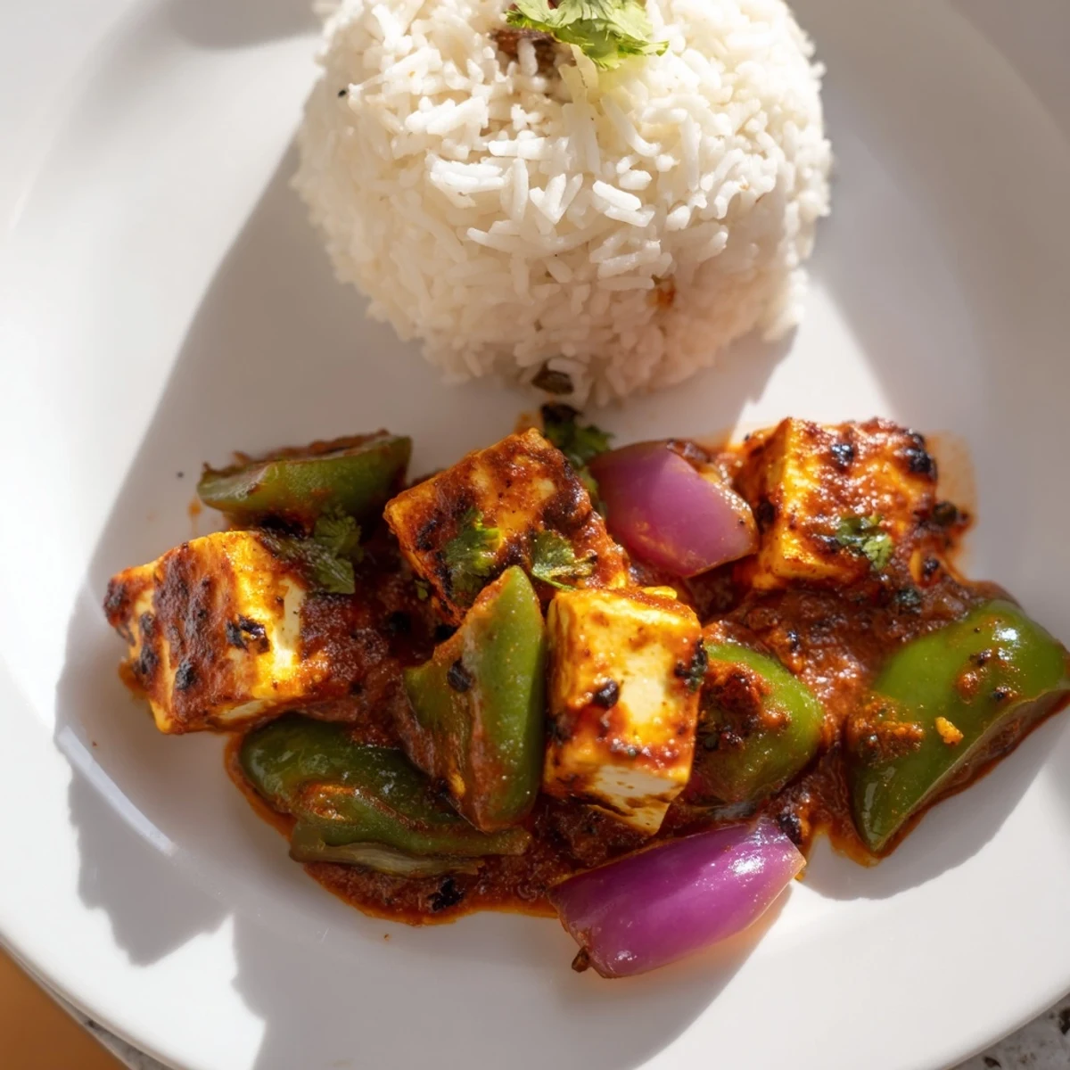 Fragrant Paneer Tikka Masala, with colorful bell peppers, cooked in a rich, spiced tomato sauce.