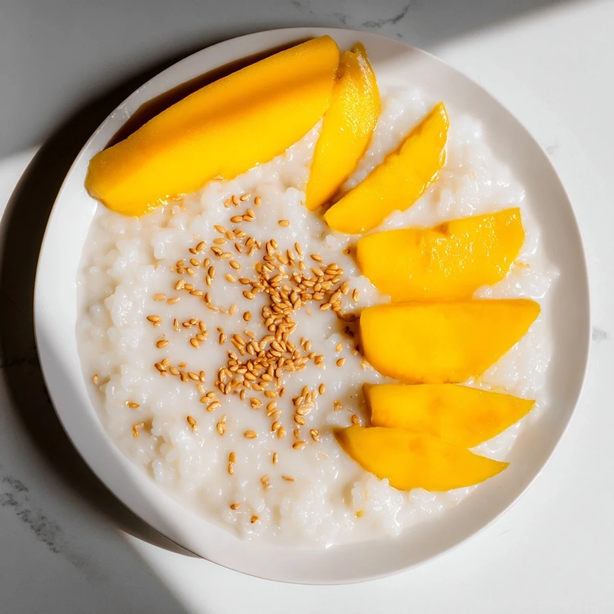 Close-up of creamy coconut-infused Thai Mango Sticky Rice served with fresh mango and garnish.