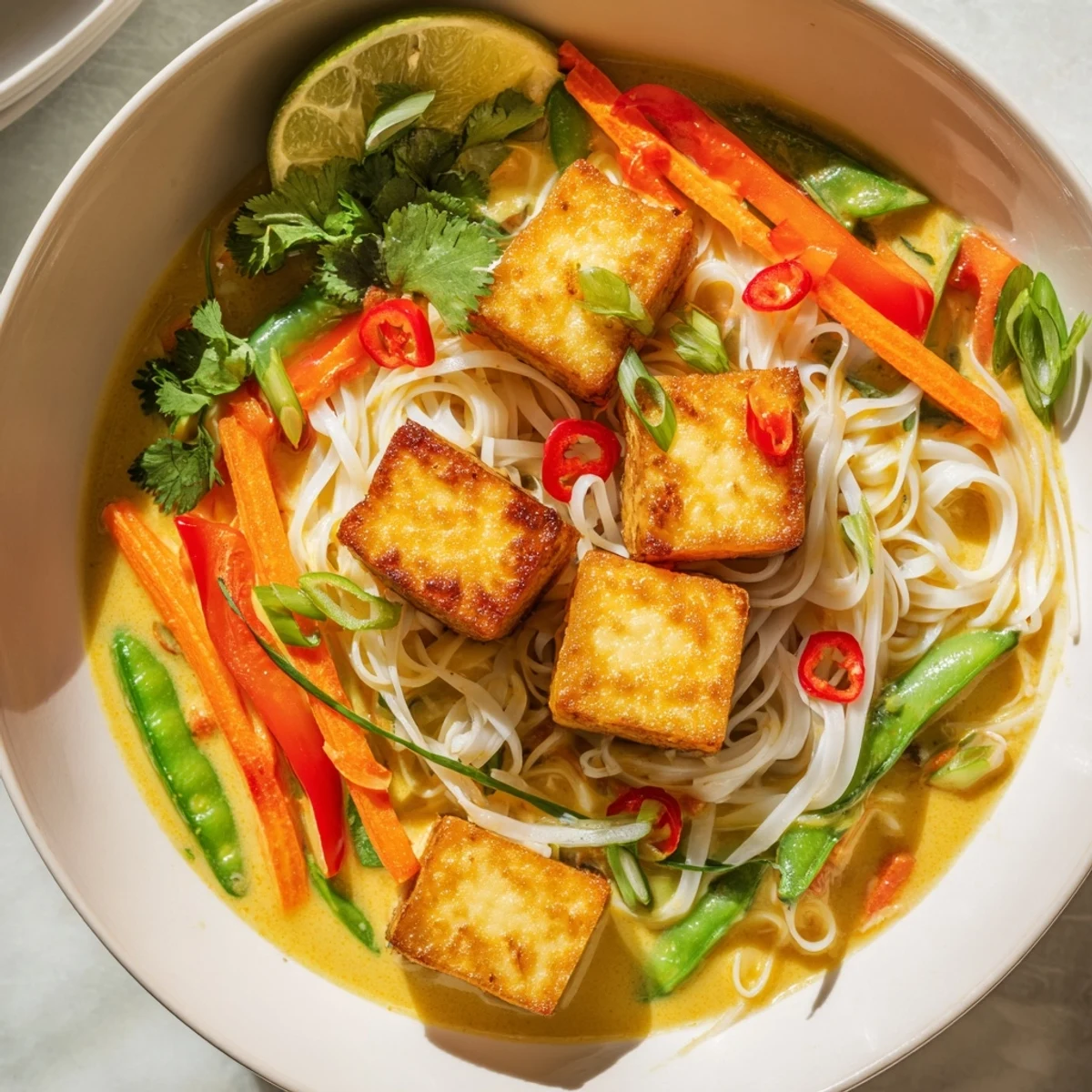 Steaming bowl of Malaysian Laksa Curry, showcasing colorful vegetables, tofu, and fragrant coconut broth.