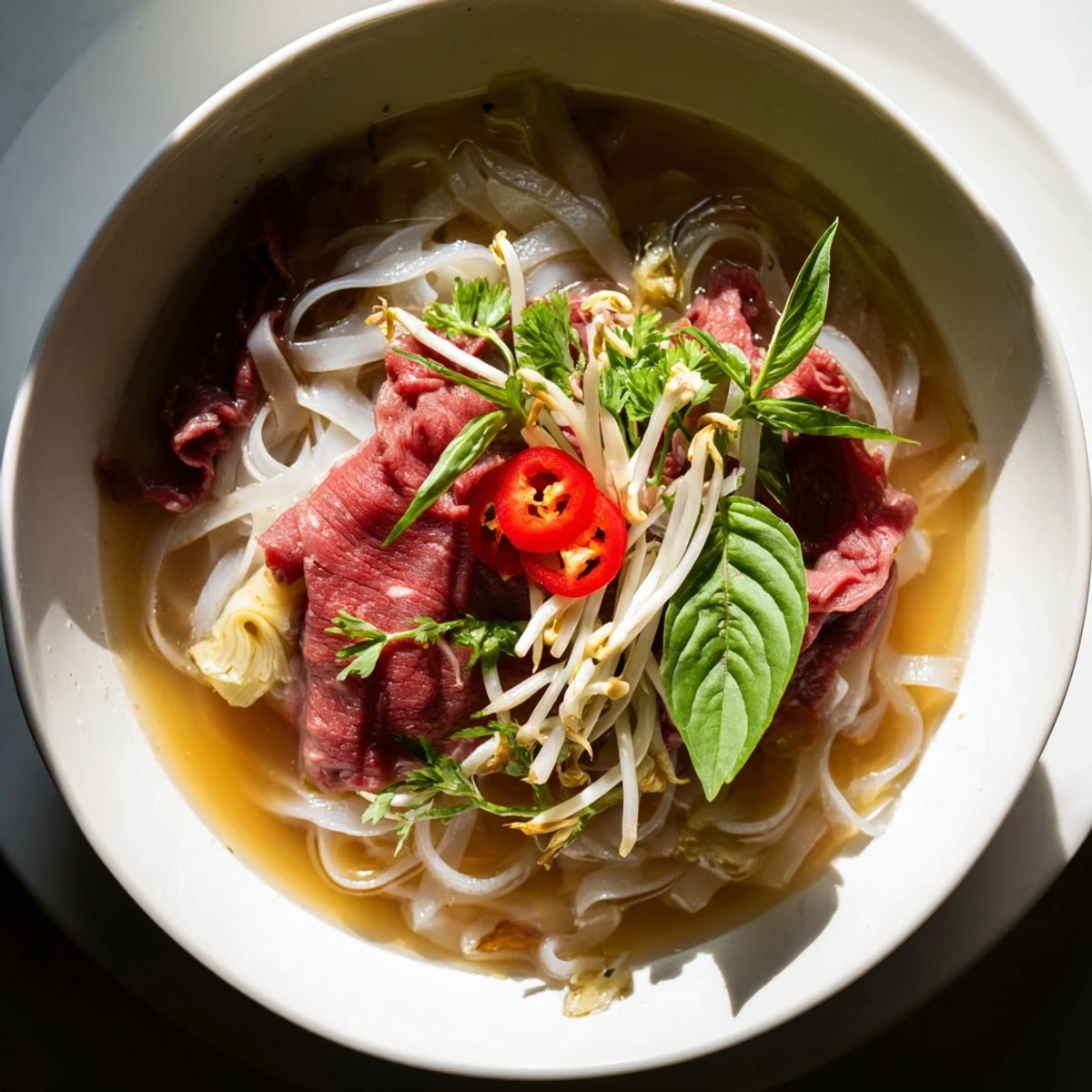 Freshly made Vietnamese pho express: a close-up shows tender beef over rice noodles and flavorful broth.