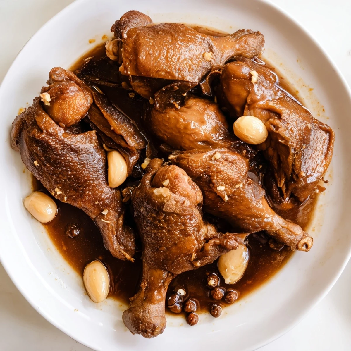 Tender Filipino Chicken Adobo, braised with garlic and spices, served with fluffy white rice.