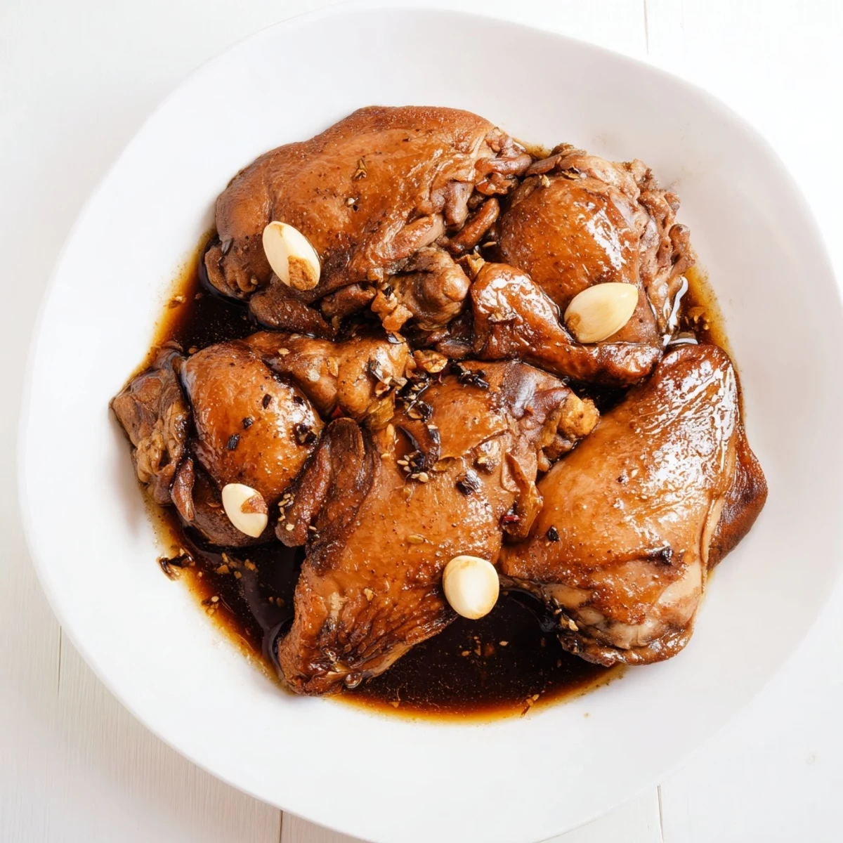 A steaming bowl of Filipino Chicken Adobo, ready to be enjoyed, with fragrant garlic and vinegar.