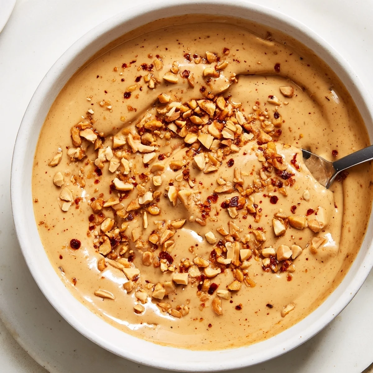 Close-up of bubbling Indonesian satay sauce, a rich peanutty dip with visible spices and aroma.