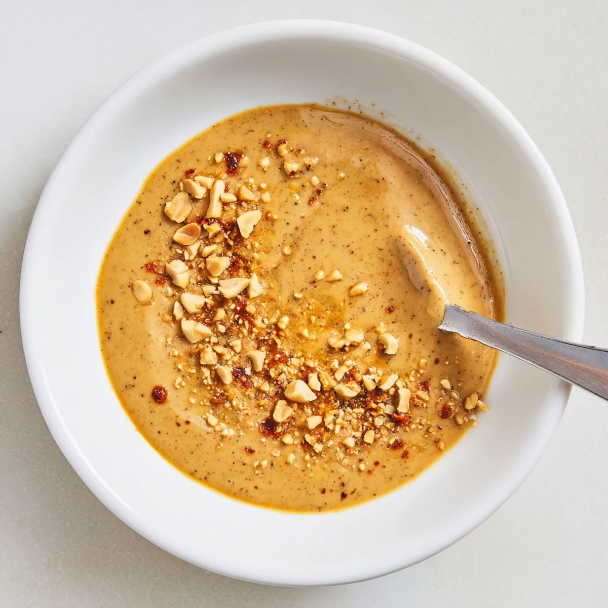 Vibrant Indonesian satay sauce, ready for serving alongside grilled chicken or tofu, delicious and flavorful.