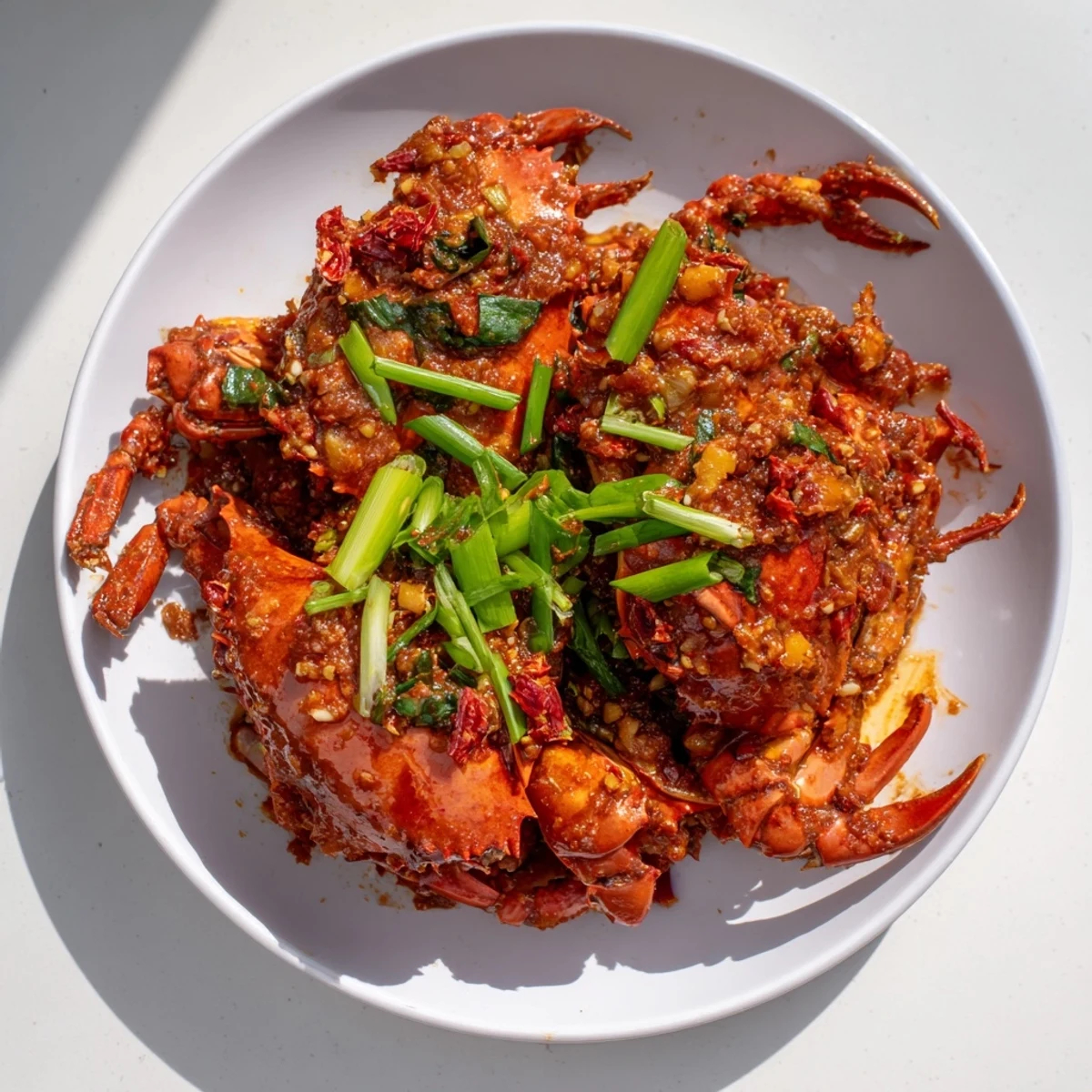Steaming Singaporean Chili Crab, covered in a rich, vibrant sauce ready to serve.