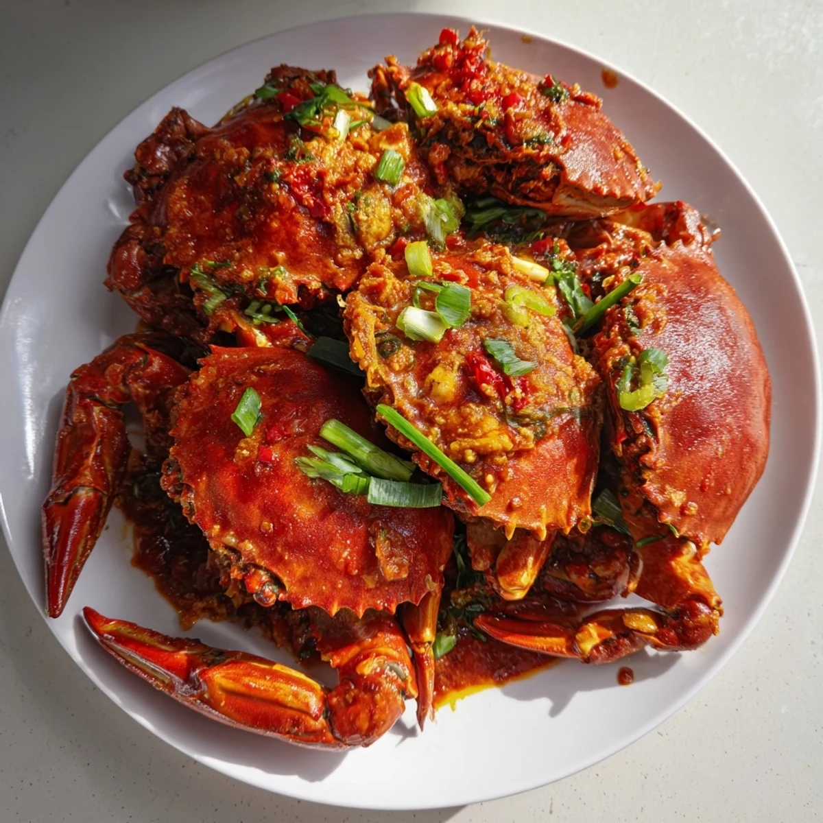 A close-up of flavorful Singaporean Chili Crab, showcasing the bright red crab and sauce.