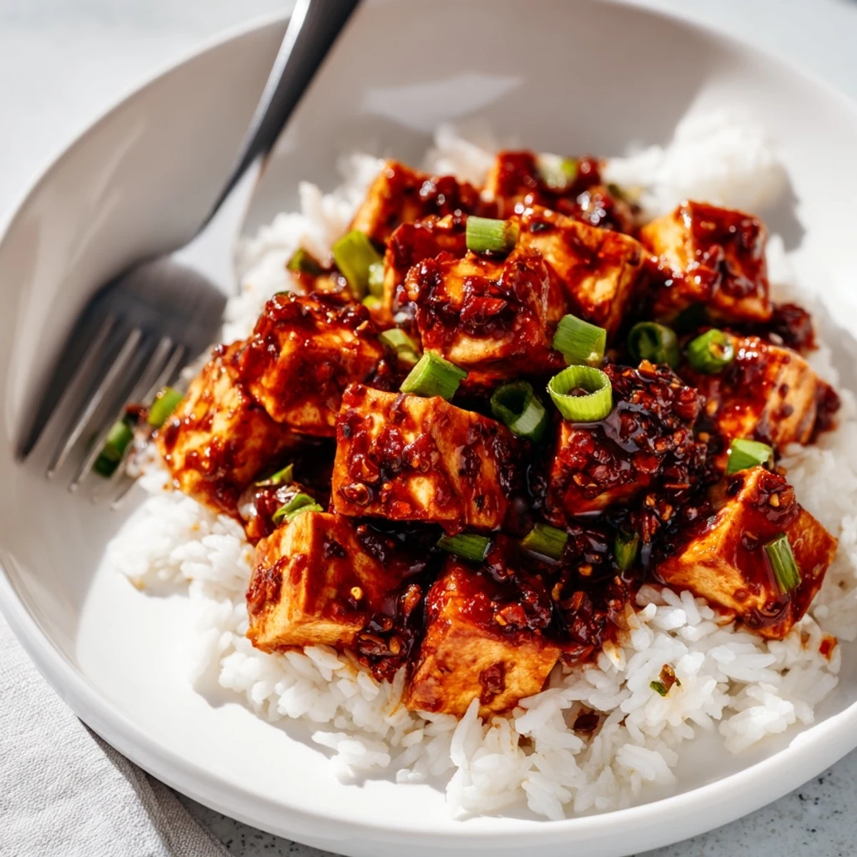 Steaming hot Chinese Mapo Tofu with soft tofu cubes, a rich sauce, ready to serve on rice.