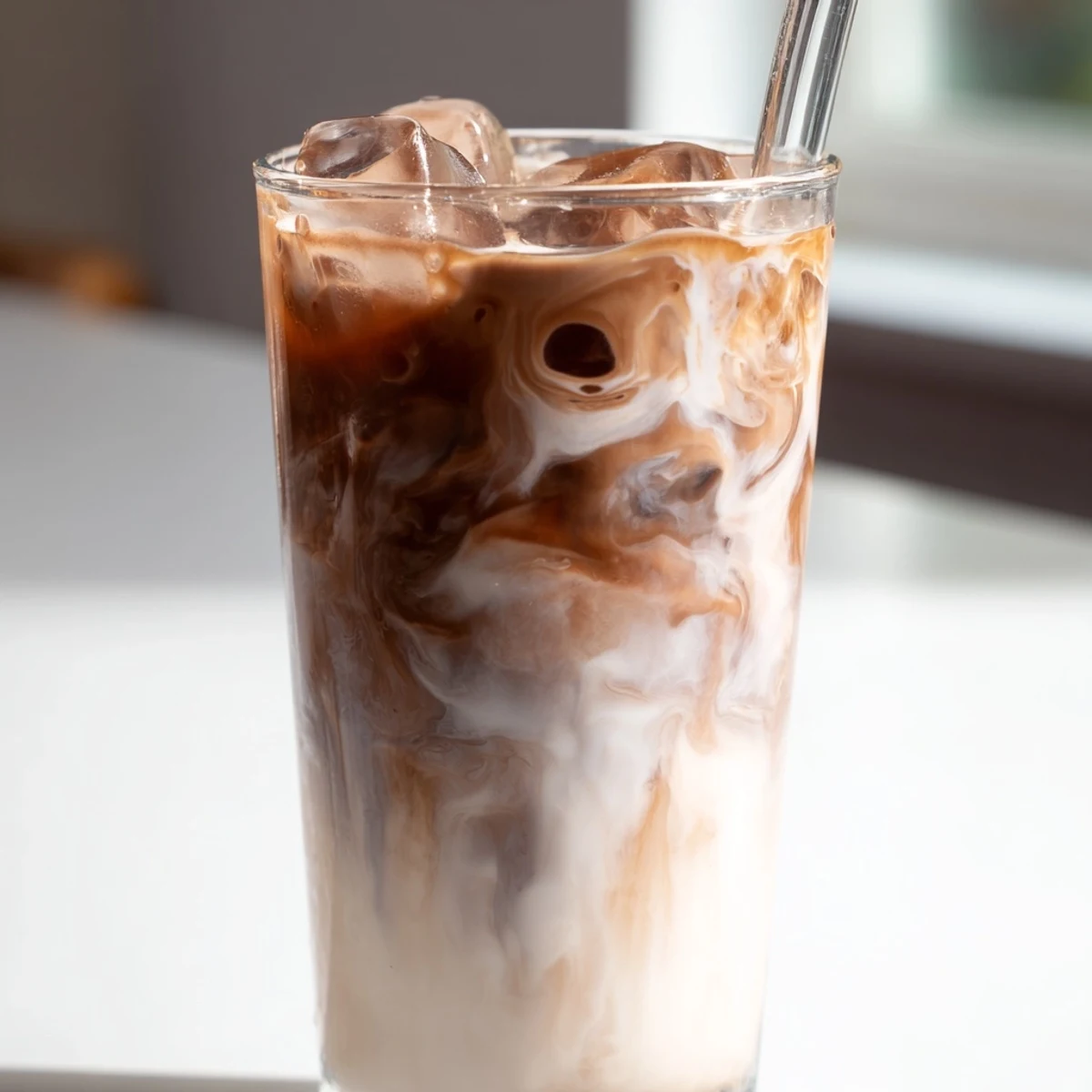 Golden-brown Milo powder dissolves smoothly, creating a frothy chocolate layer over chilled milk in this iced latte hack.  