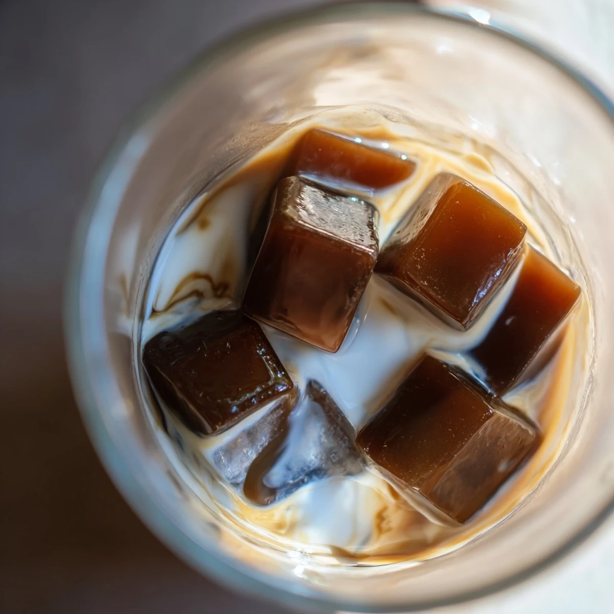 A tall glass of Coffee Jelly Drink with creamy milk and bouncy coffee cubes, served over ice.  
