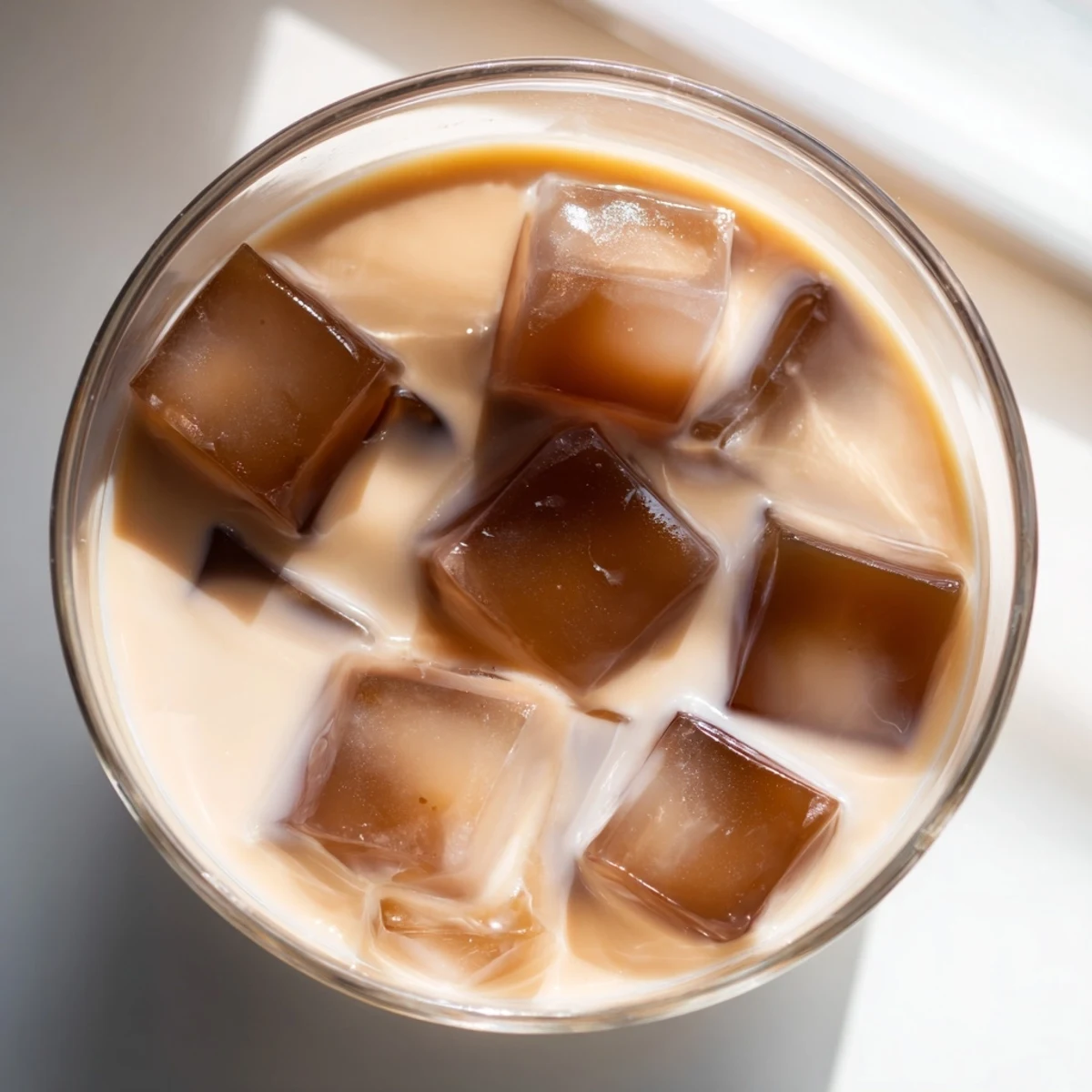 Homemade Coffee Jelly Drink in a clear glass, featuring layered sweet cream and dark jelly cubes.  