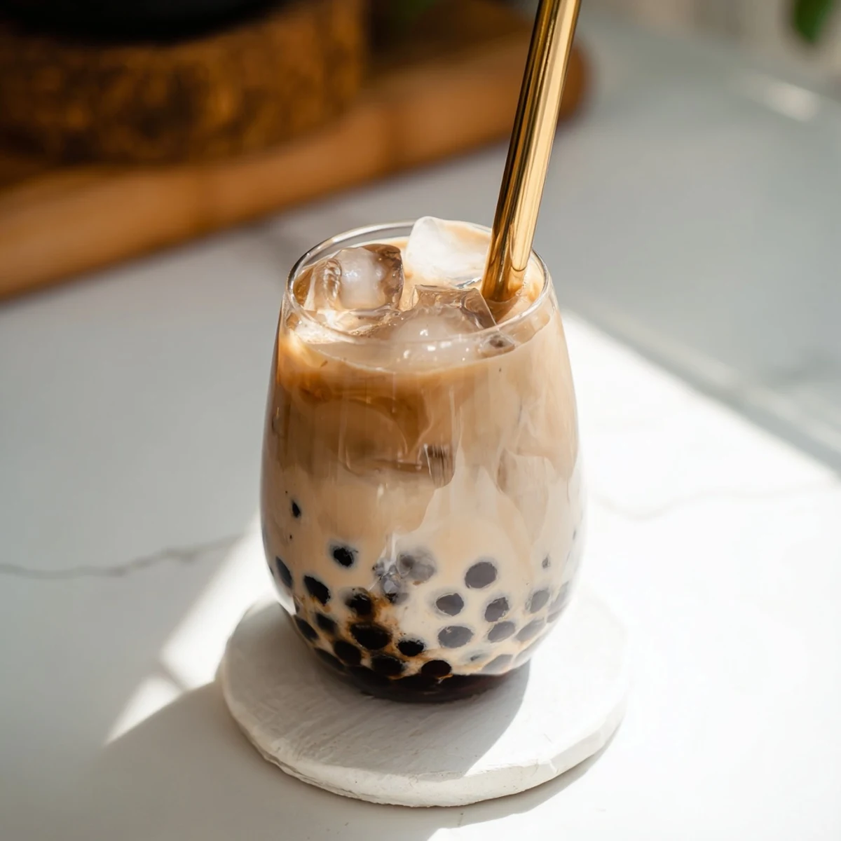 Sweetened condensed milk blends with black tea in this quick Boba Tea Hack, served over ice.  