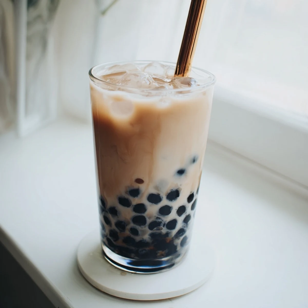A homemade Boba Tea Hack with sweetened condensed milk, tapioca pearls, and a refreshing ice-filled glass.