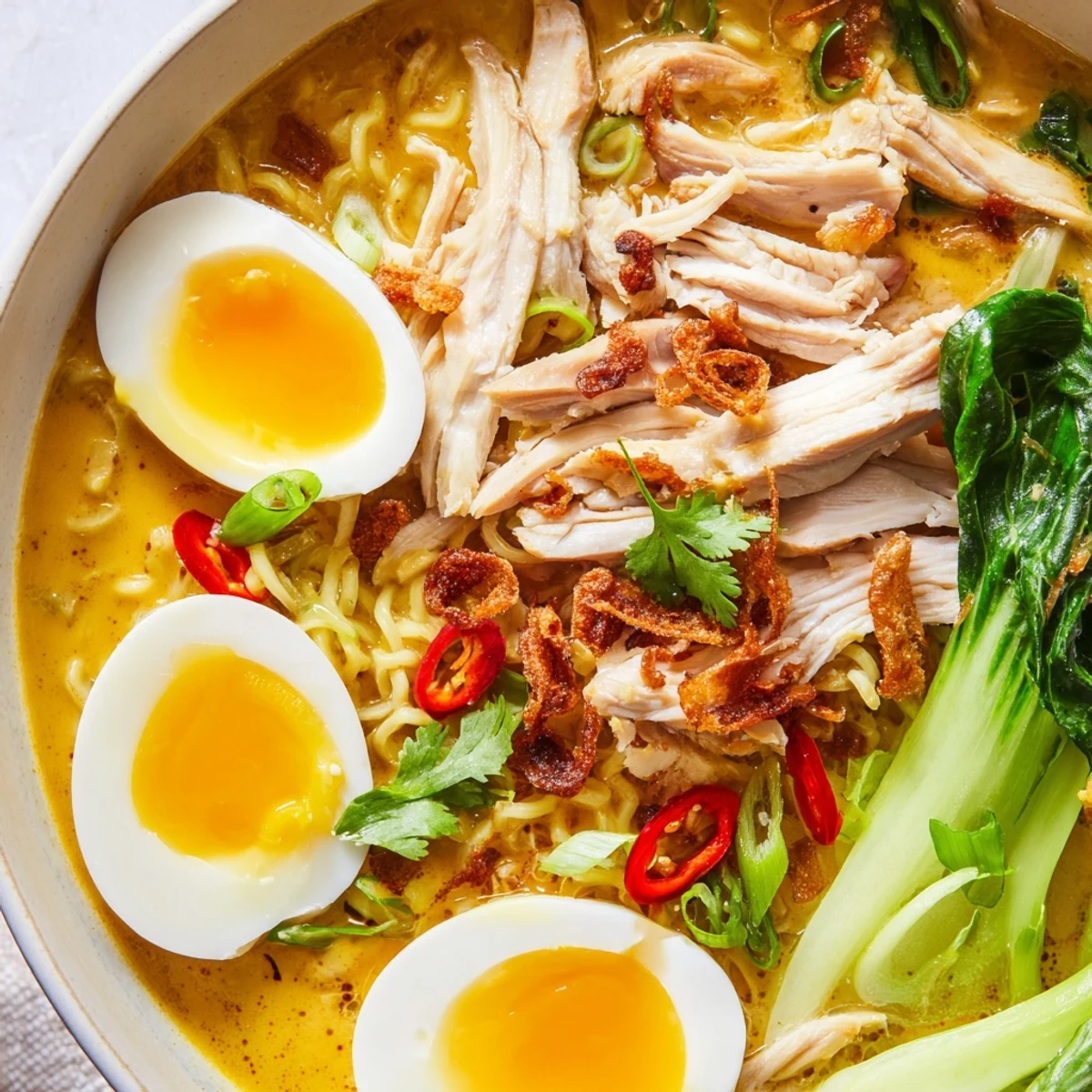 A steaming bowl of Thai Miso Ramen topped with sliced chicken, soft-boiled eggs, bok choy, and crispy shallots.