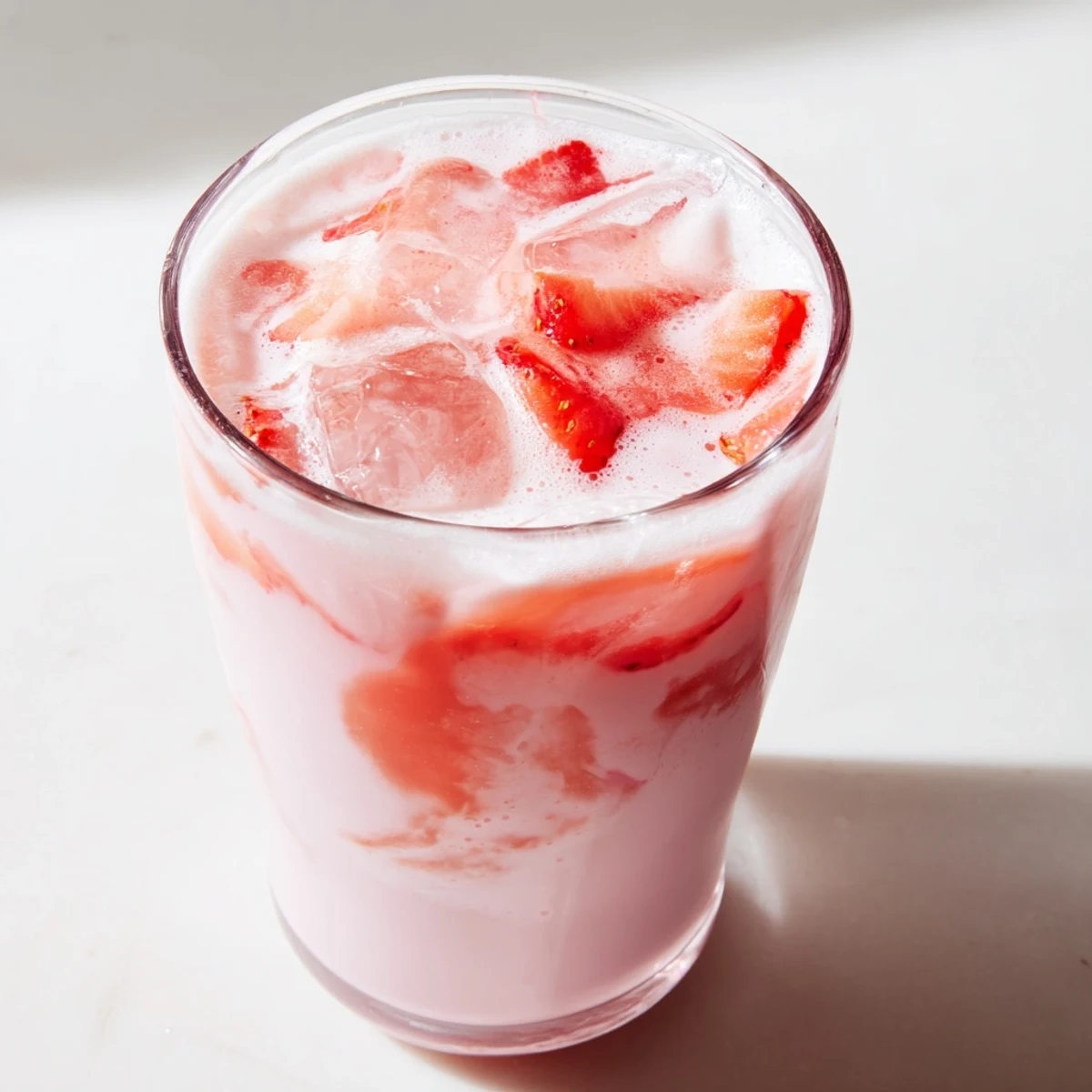 A tall glass of Refresher Copycat Pink Drink filled with ice, creamy coconut milk, and vibrant fresh strawberry slices.