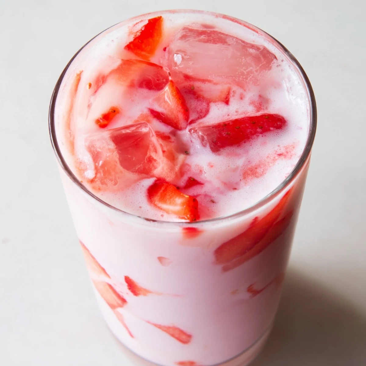 The refreshing Refresher Copycat Pink Drink, a creamy coconut beverage topped with sliced strawberries, perfect for a summer sip.