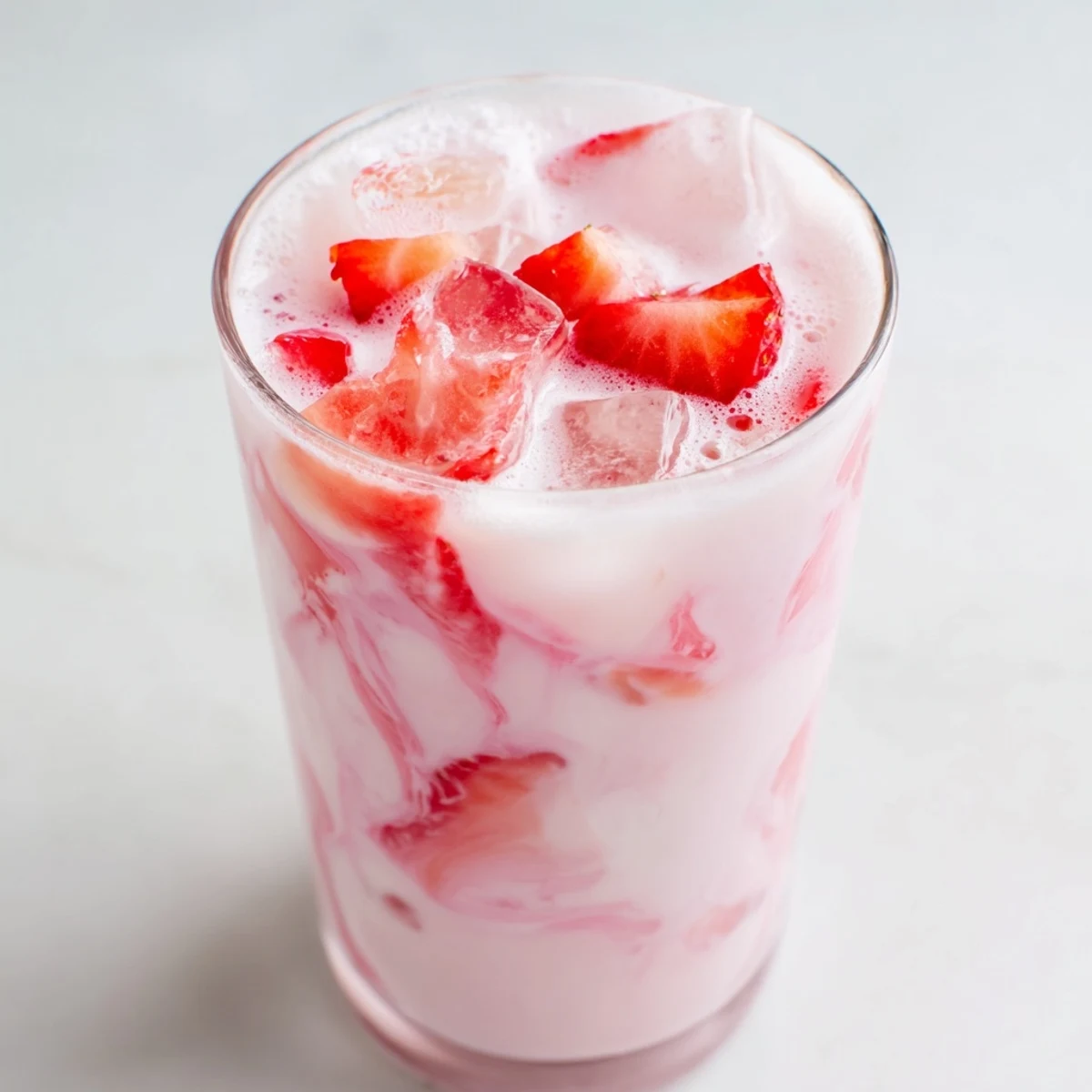 Close-up of the Refresher Copycat Pink Drink in a glass, with pink swirls and ice cubes glistening in the light.