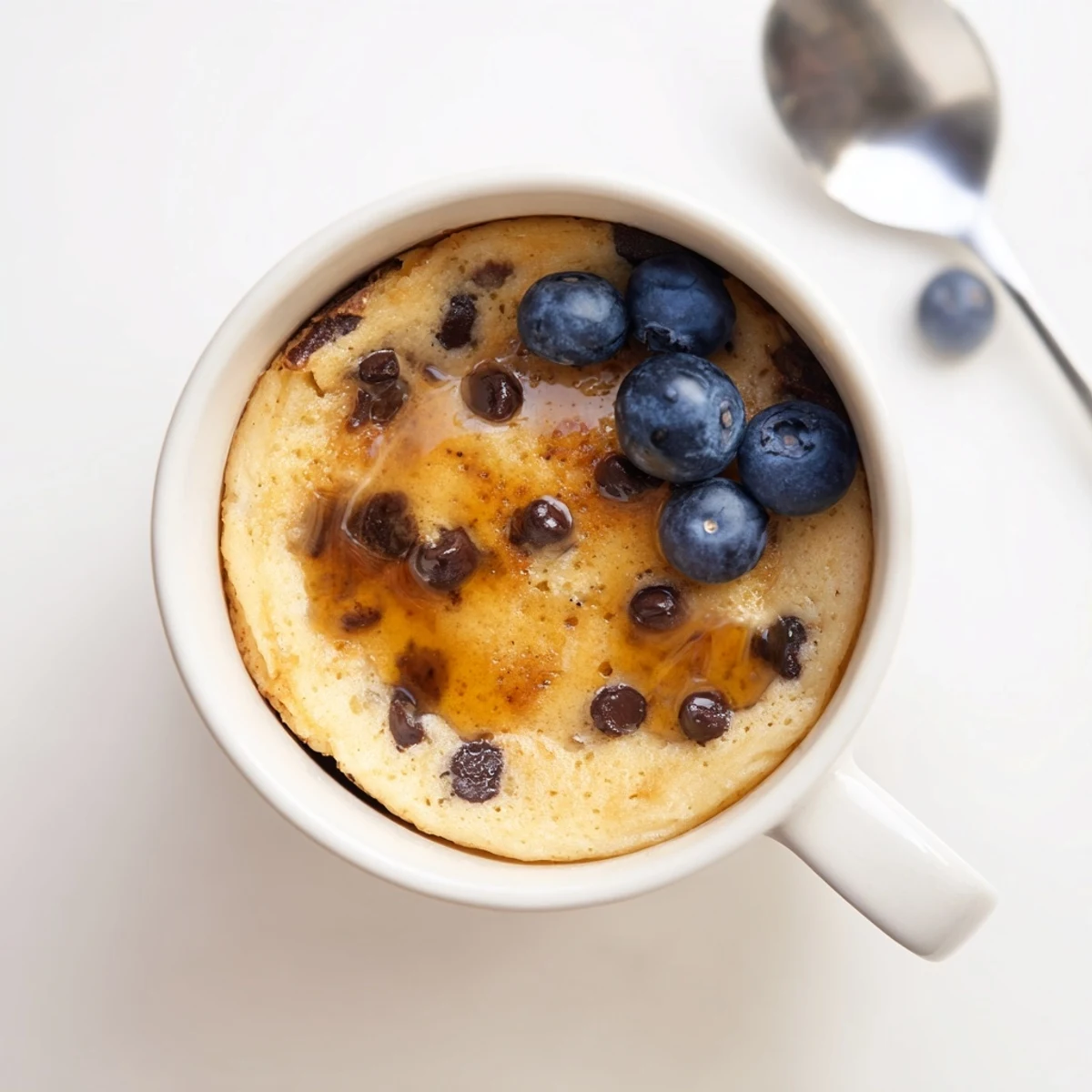 A close-up of fluffy Microwave Mug Pancakes topped with fresh blueberries and a drizzle of maple syrup in a rustic mug.