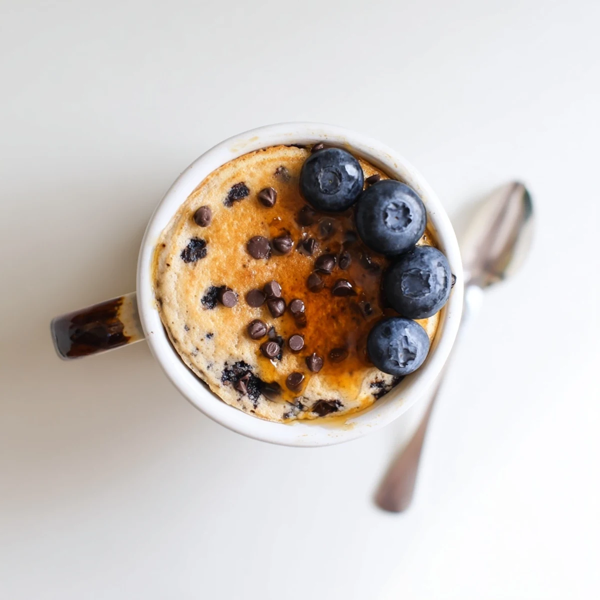 A freshly microwaved, fluffy Microwave Mug Pancake steams softly, showing a golden-brown top and a few melted chocolate chips inside.