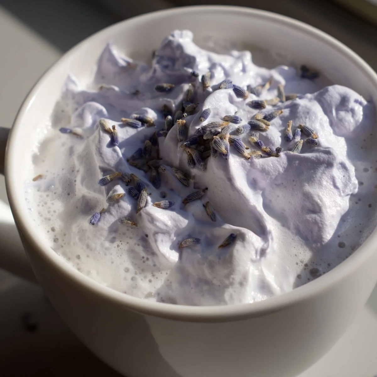 Serving a soothing Whipped Lavender Latte beside buttery scones on a cozy, sunlit breakfast table.