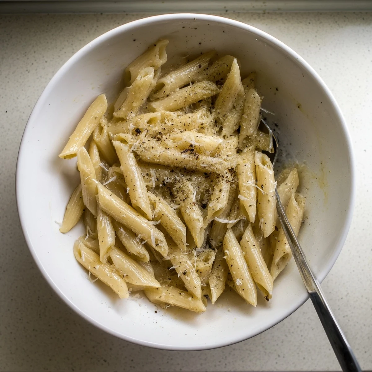 A single serving of microwave bowl pasta steaming in a white bowl, garnished with fresh Parmesan and black pepper.  
