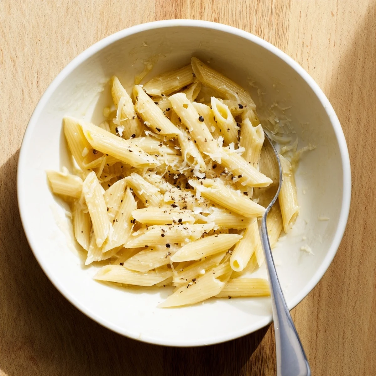 The finished bowl of microwave pasta shows perfect al dente noodles coated in olive oil and Parmesan.