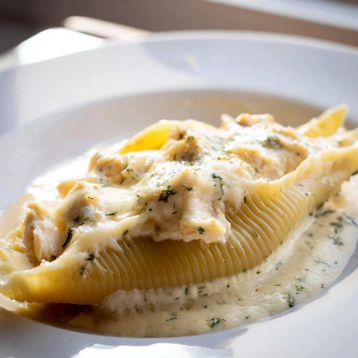 Golden-baked Chicken Alfredo Stuffed Shells sit in a dish, topped with melted mozzarella and fresh parsley garnish.  