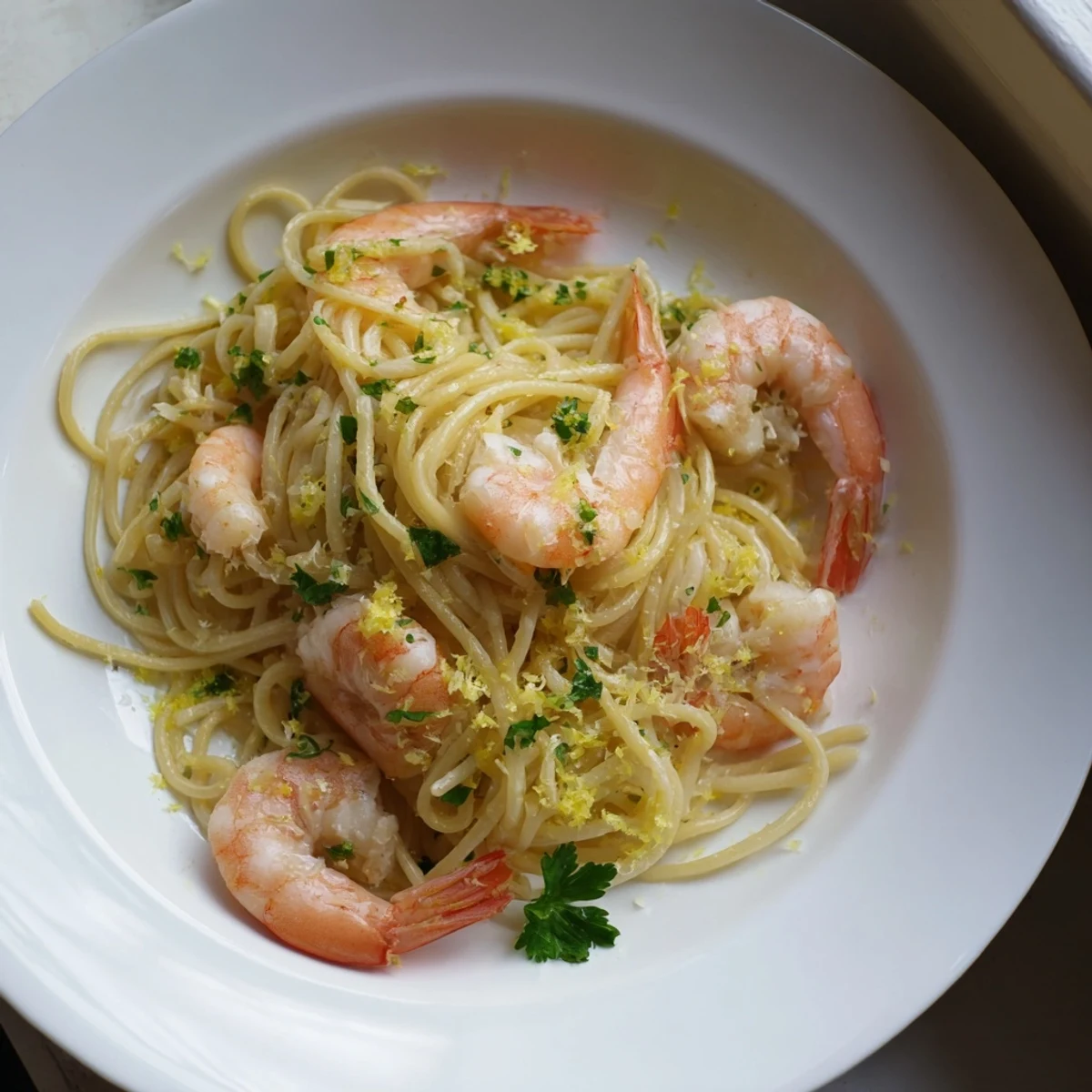 Close-up of Lemon Garlic Shrimp Pasta in a skillet, featuring succulent shrimp coated in a glossy lemon butter sauce over spaghetti. 