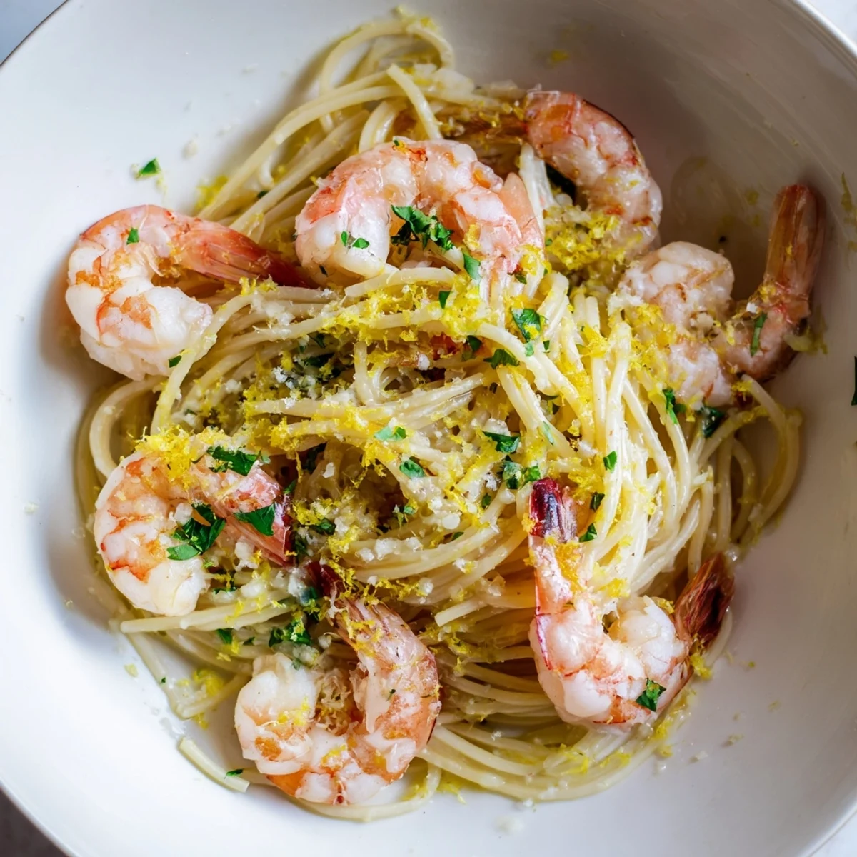 Homemade Lemon Garlic Shrimp Pasta tossed with al dente spaghetti, sautéed shrimp, and flecks of red pepper flakes.
