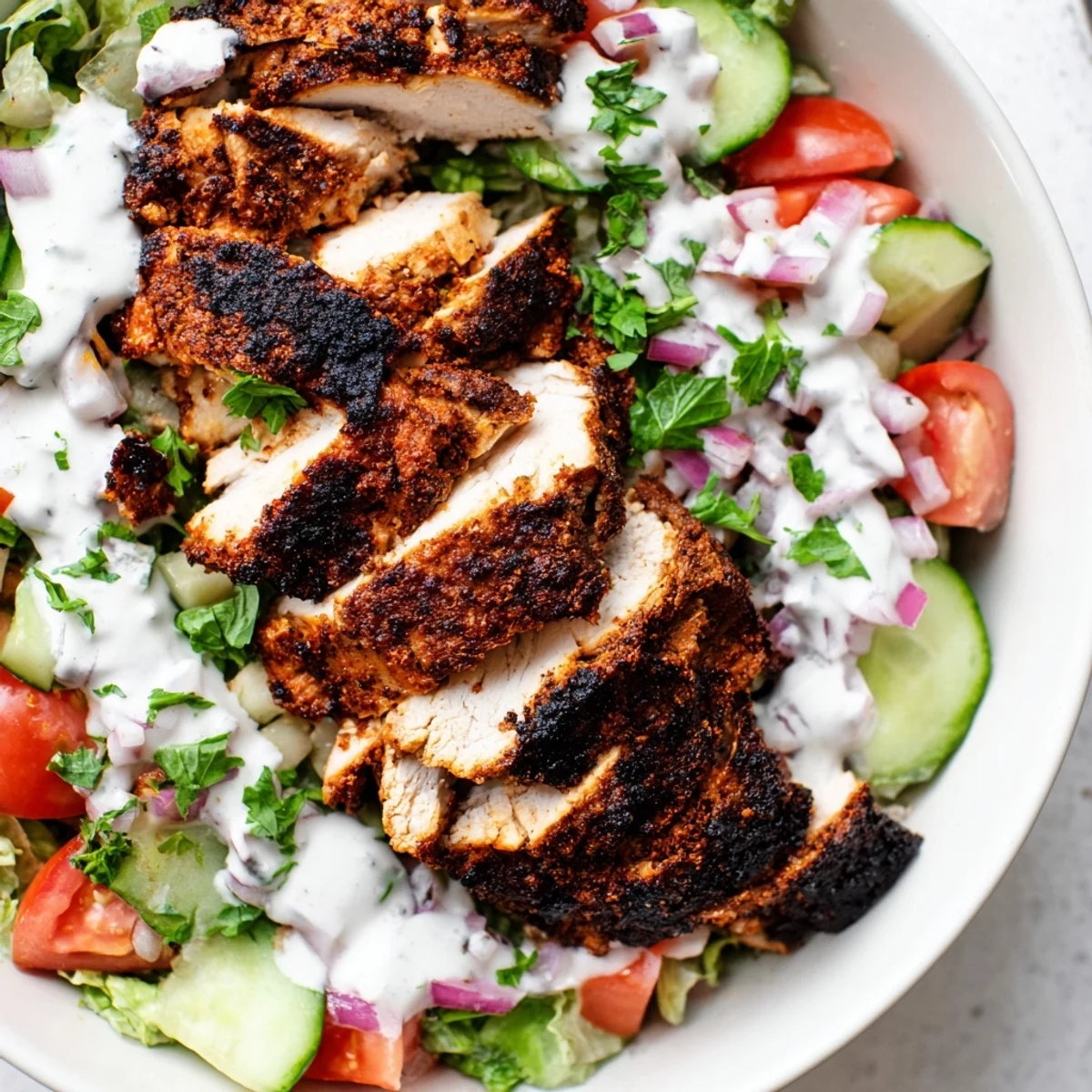Spiced grilled chicken shawarma salad on a plate, topped with cucumbers, tomatoes, and a creamy yogurt dressing, served on mixed greens.