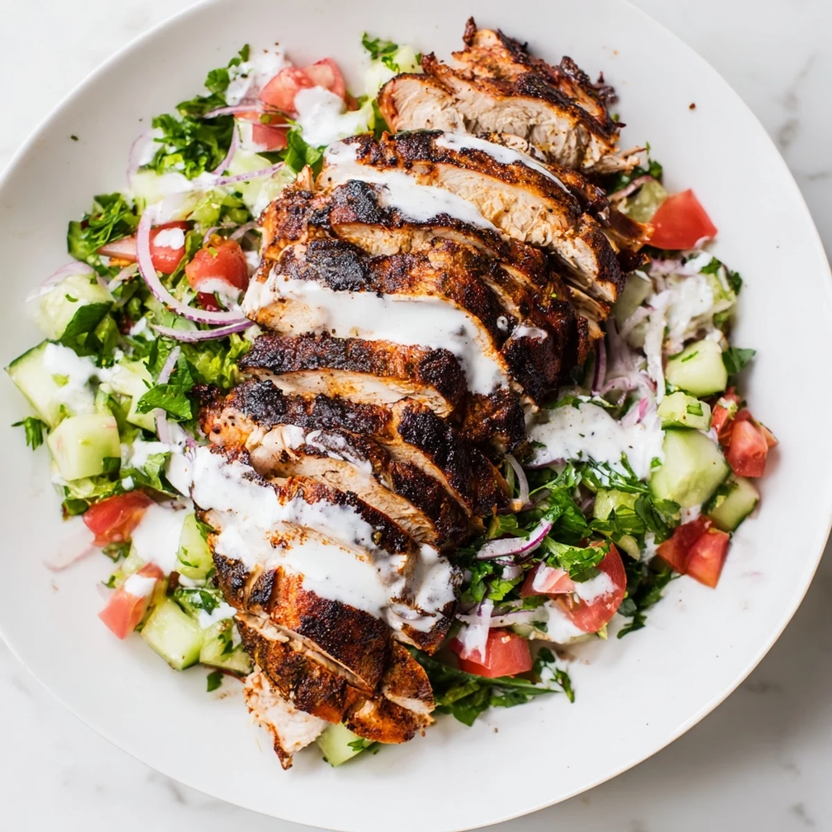 Sliced seasoned chicken shawarma layered over a vibrant salad with diced cucumbers, tomatoes, and onions, garnished with herbs and dressing.
