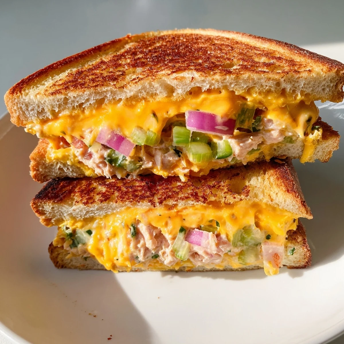 Golden-brown sourdough slices of Spicy Tuna Melt, oozing melted cheddar and tomato from the toasted crust.  