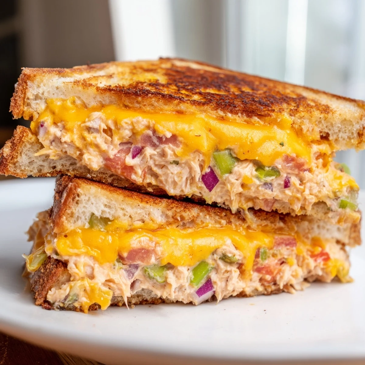 Fork cutting into a hot Spicy Tuna Melt, revealing creamy cheese and zesty sriracha tuna inside.