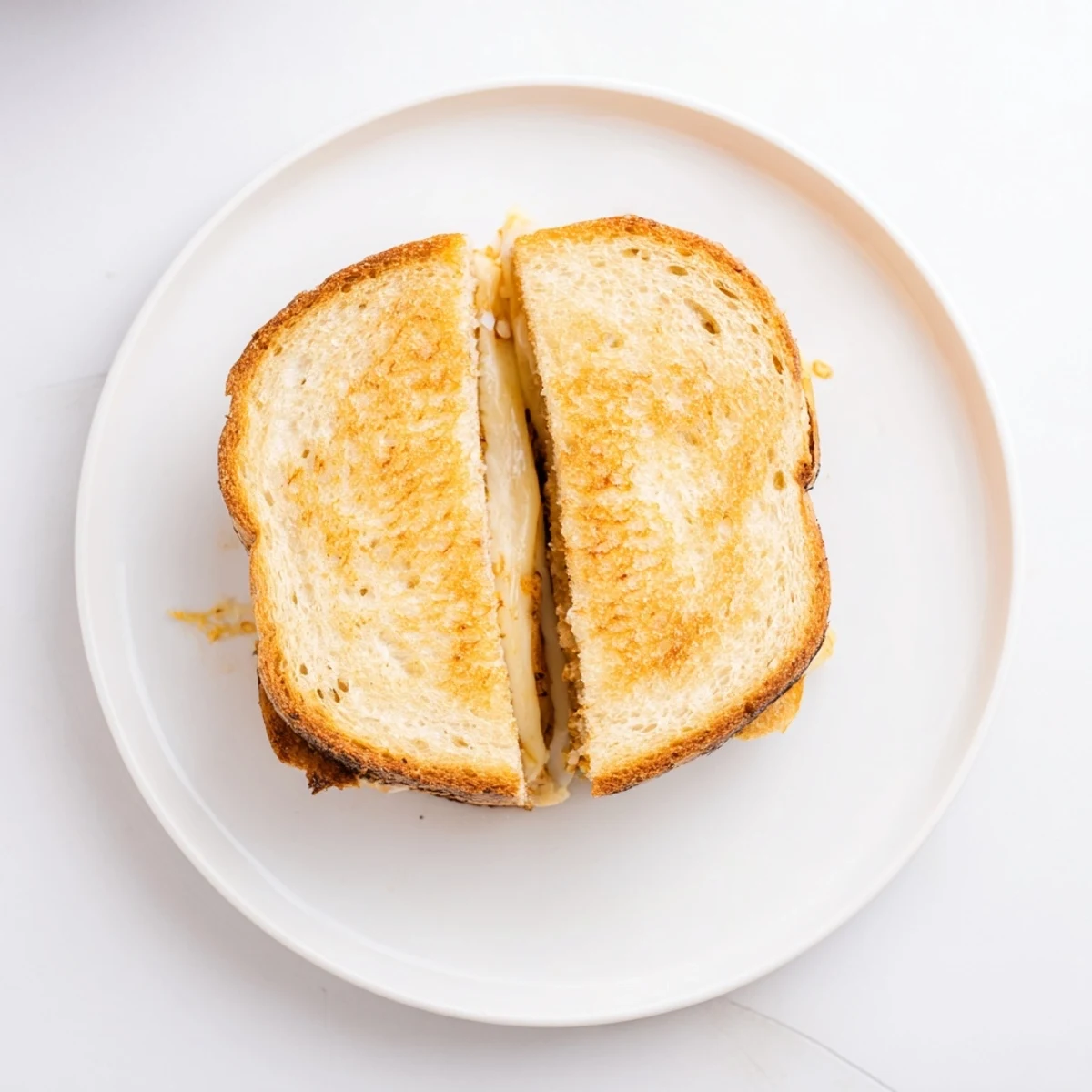 Close-up of a Three-Cheese Grilled Cheese, sliced to reveal layers of sharp cheddar, mozzarella, and provolone for a savory bite.