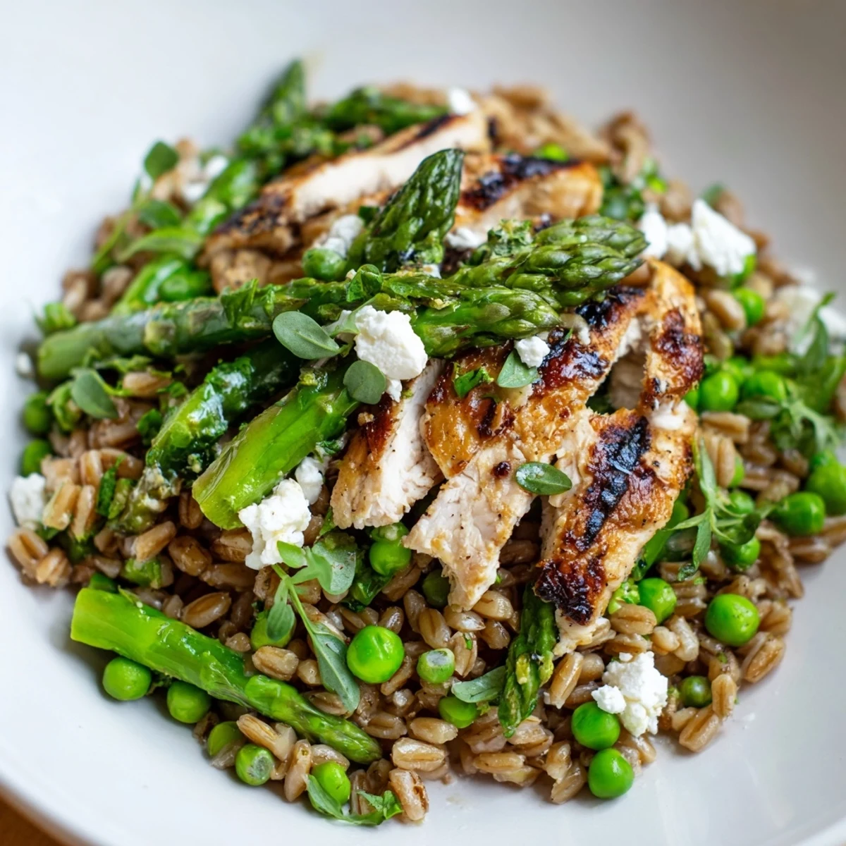 Warm Spring Farro Chicken Salad with tender farro, grilled chicken, crisp asparagus, peas, and arugula tossed in a bright lemon vinaigrette.