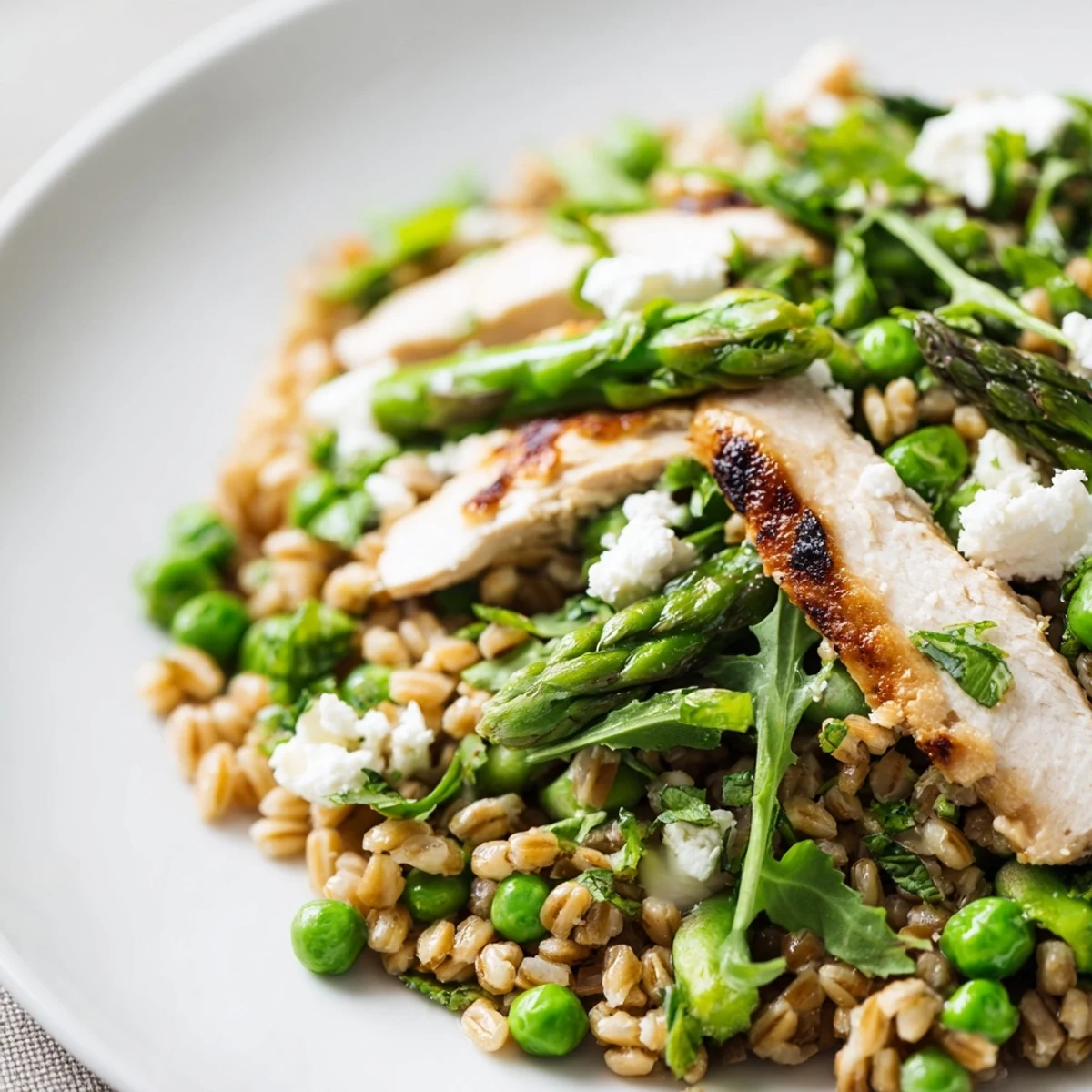 Enjoy a vibrant Warm Spring Farro Chicken Salad served warm, with tender grains, crisp peas, and fresh herbs for a refreshing main dish.